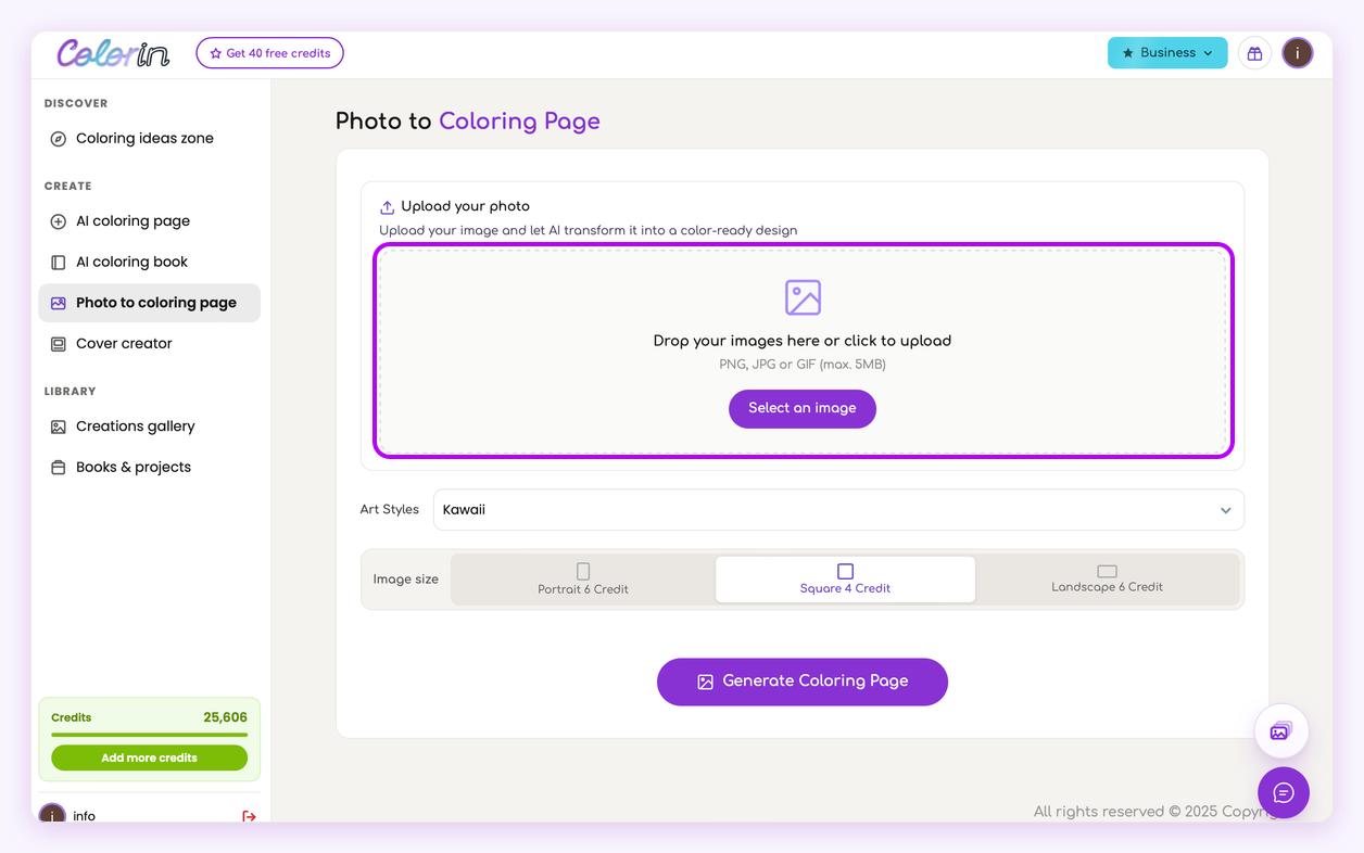 The upload card on the Colorin AI Photo to Coloring Page tool