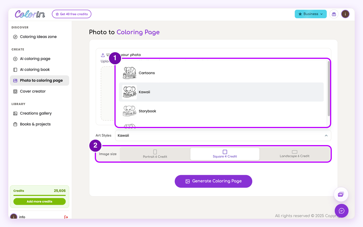 The Art Styles list and image size options in the Colorin AI photo tool
