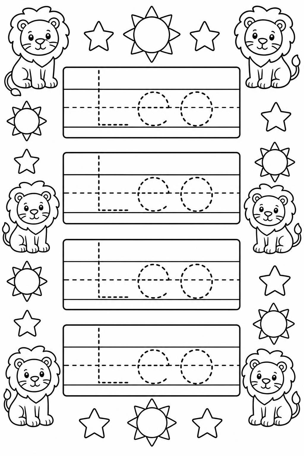 A name tracing worksheet with Leo in dotted letters four times, with lions, suns and stars around it