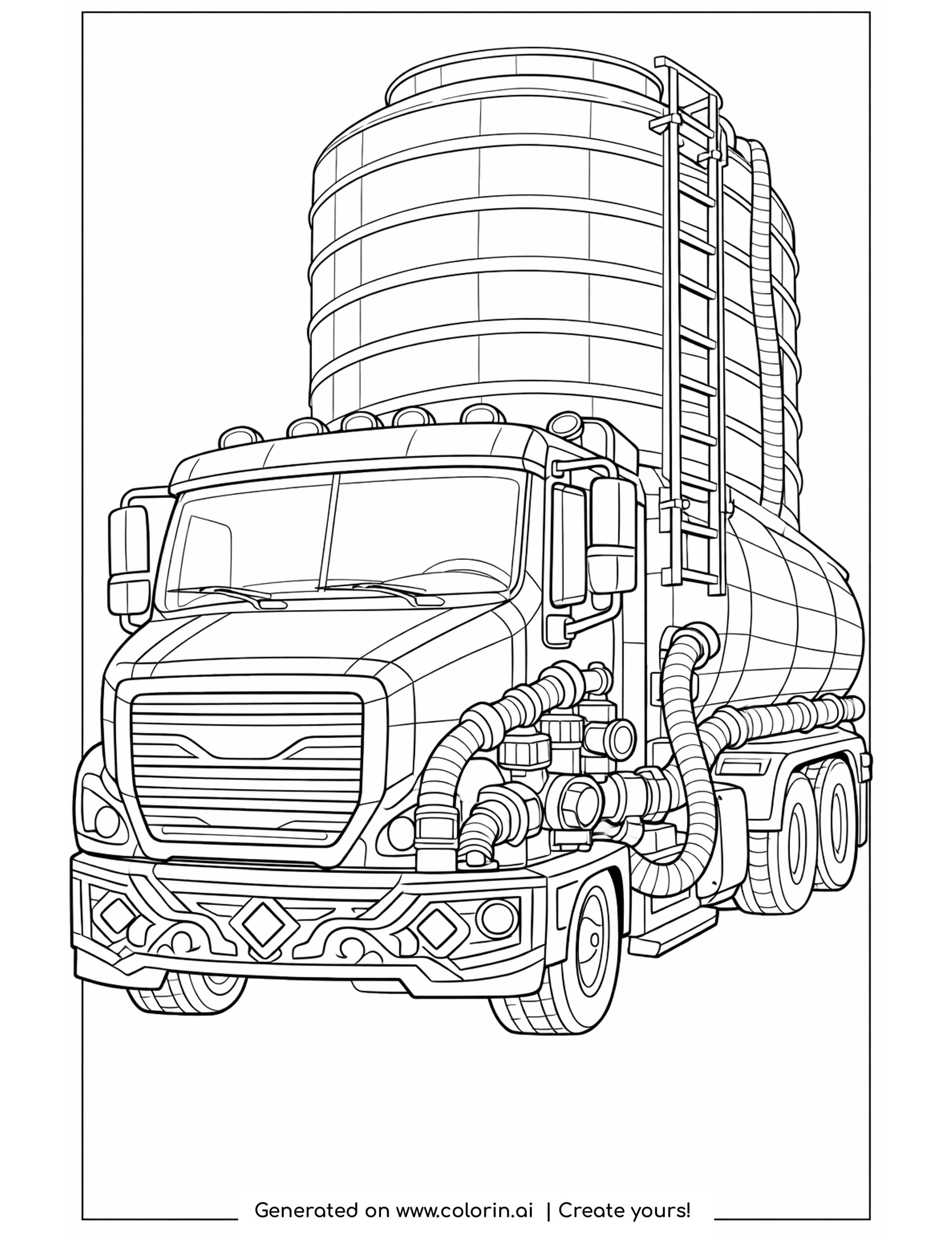 detailed tanker truck coloring pages: a tanker from a low front corner with a ribbed tank, ladder and hoses