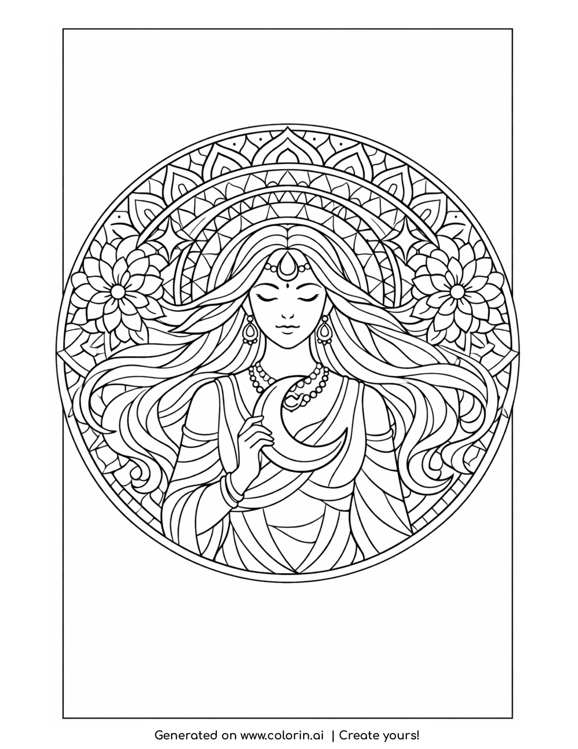 goddess resting within sacred mandala coloring page with floral patterns and crescent detail