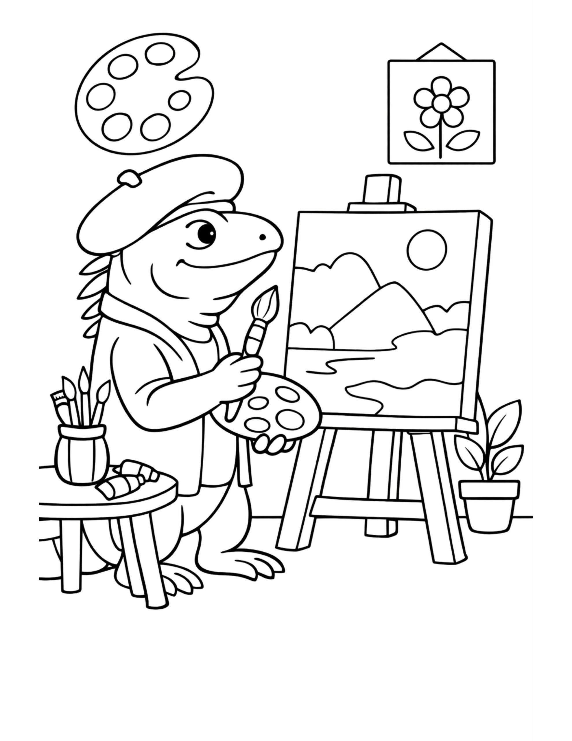 lizard painting landscape on easel coloring page with a beret, paint palette, and a simple studio setup, coloring page