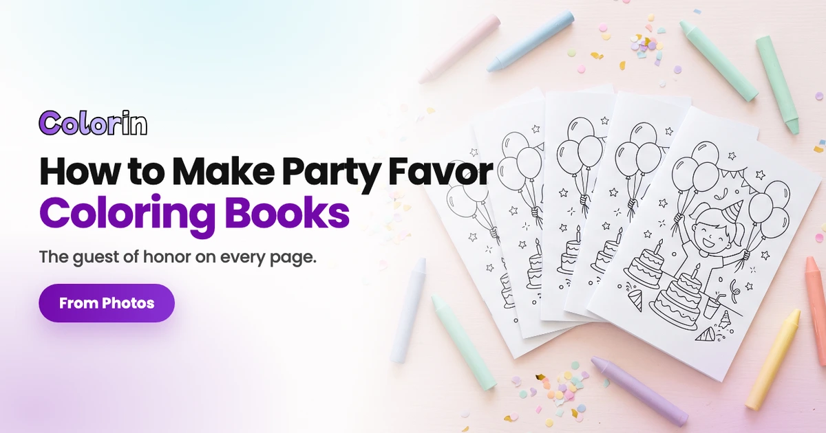 Three stapled coloring booklets on a party table beside crayons, with the guide title over them