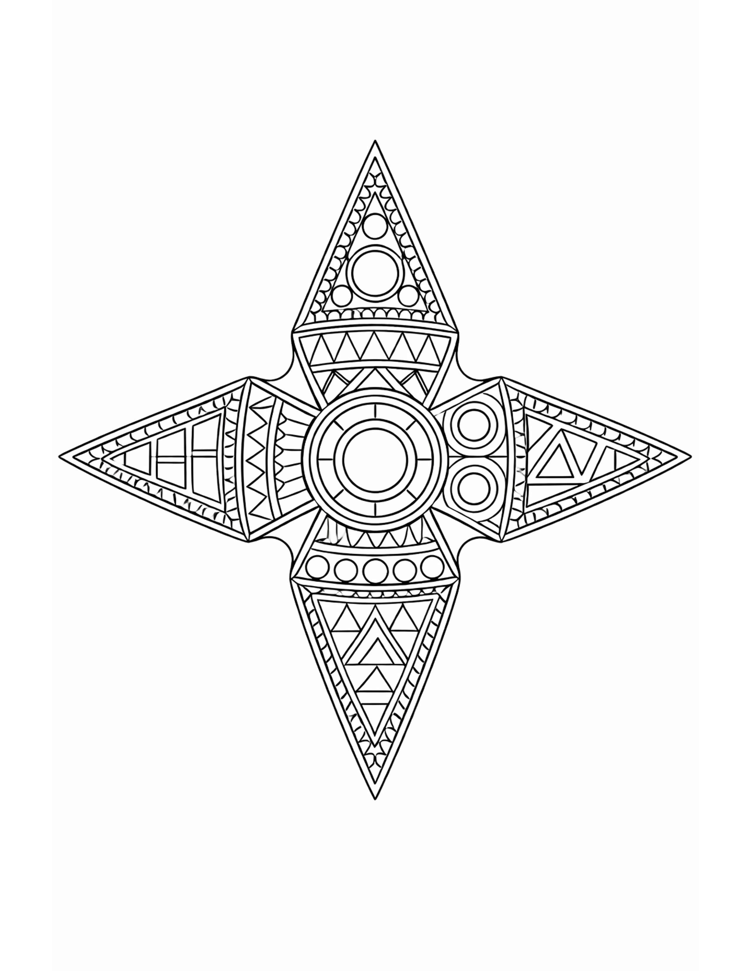 patterned ninja star coloring pages - four pointed throwing star with each point filled with bands of triangles and circles