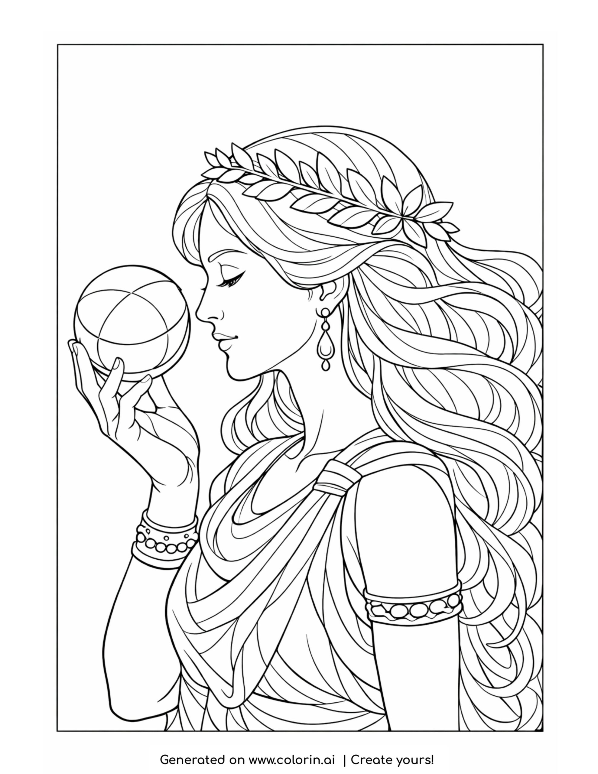 goddess studying floating orb coloring page with flowing hair and leaf crown