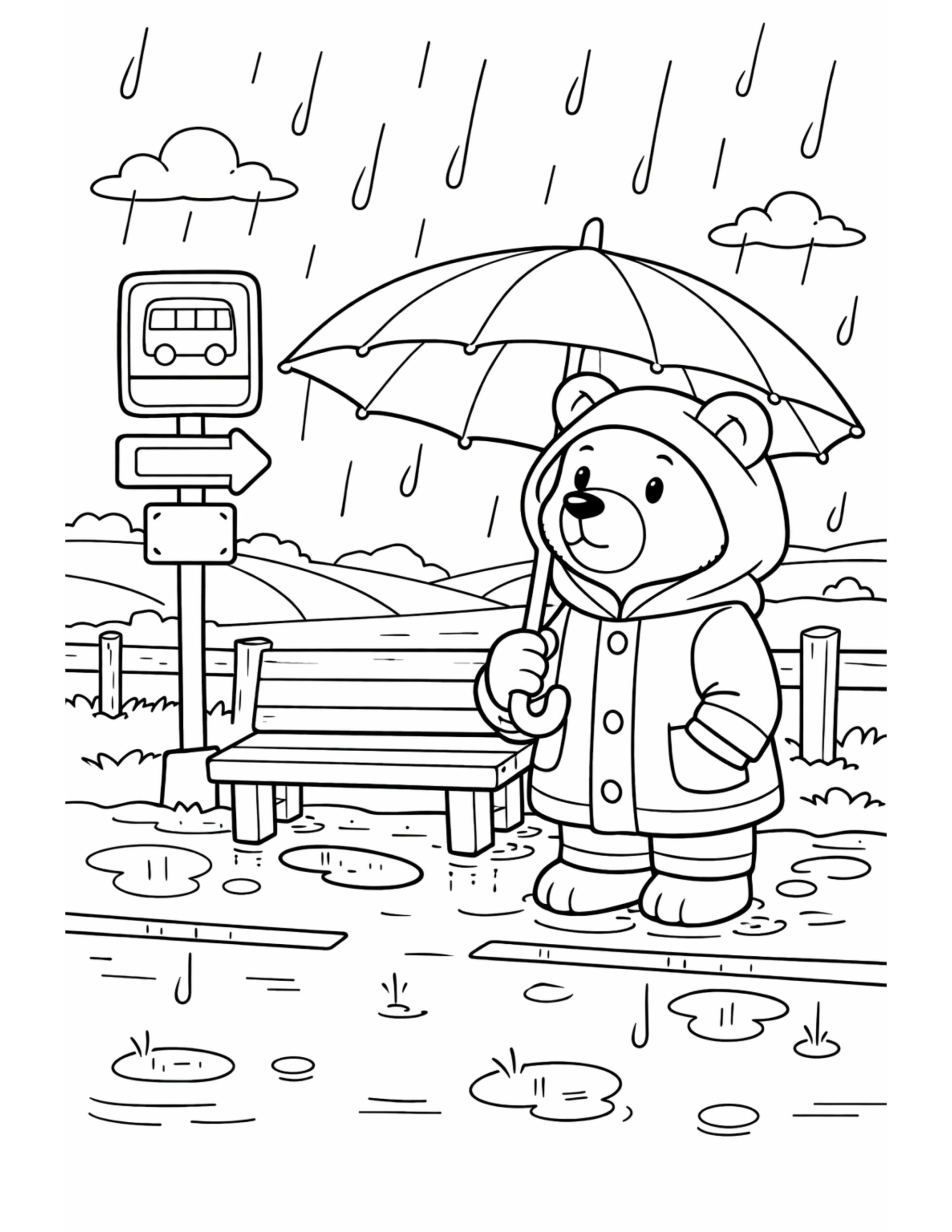 bear waiting at bus stop coloring page holding an umbrella in the rain with puddles and bench coloring page