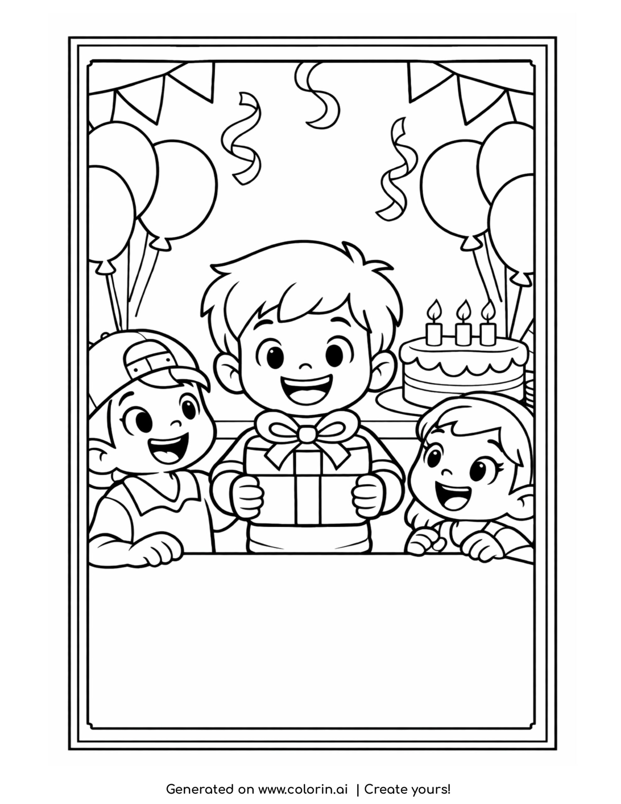 kids birthday party with cake and gift coloring page with balloons and decorations