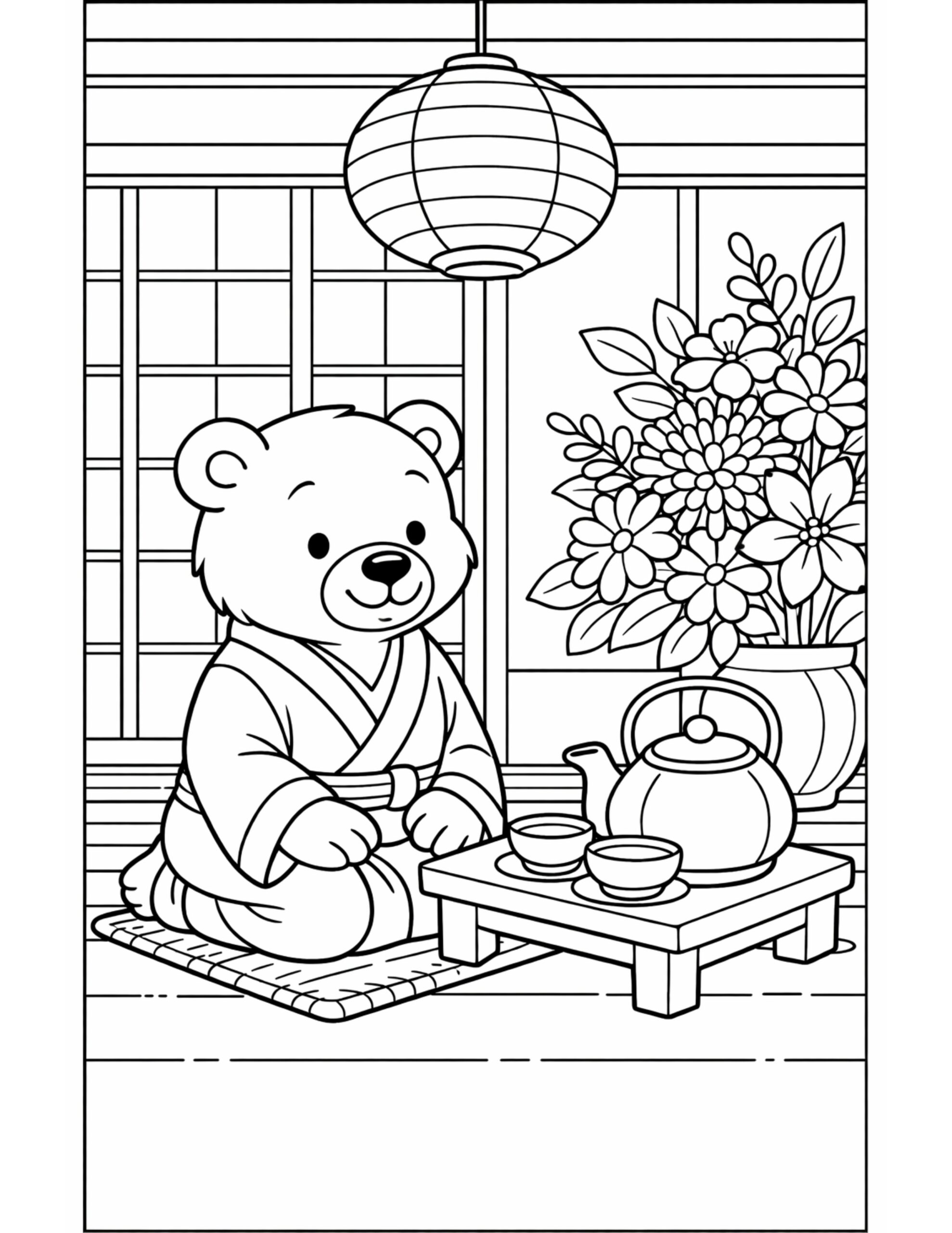 bear having tea ceremony coloring page in a kimono by a low tea table with teapot, cups, lantern, and flowers coloring page