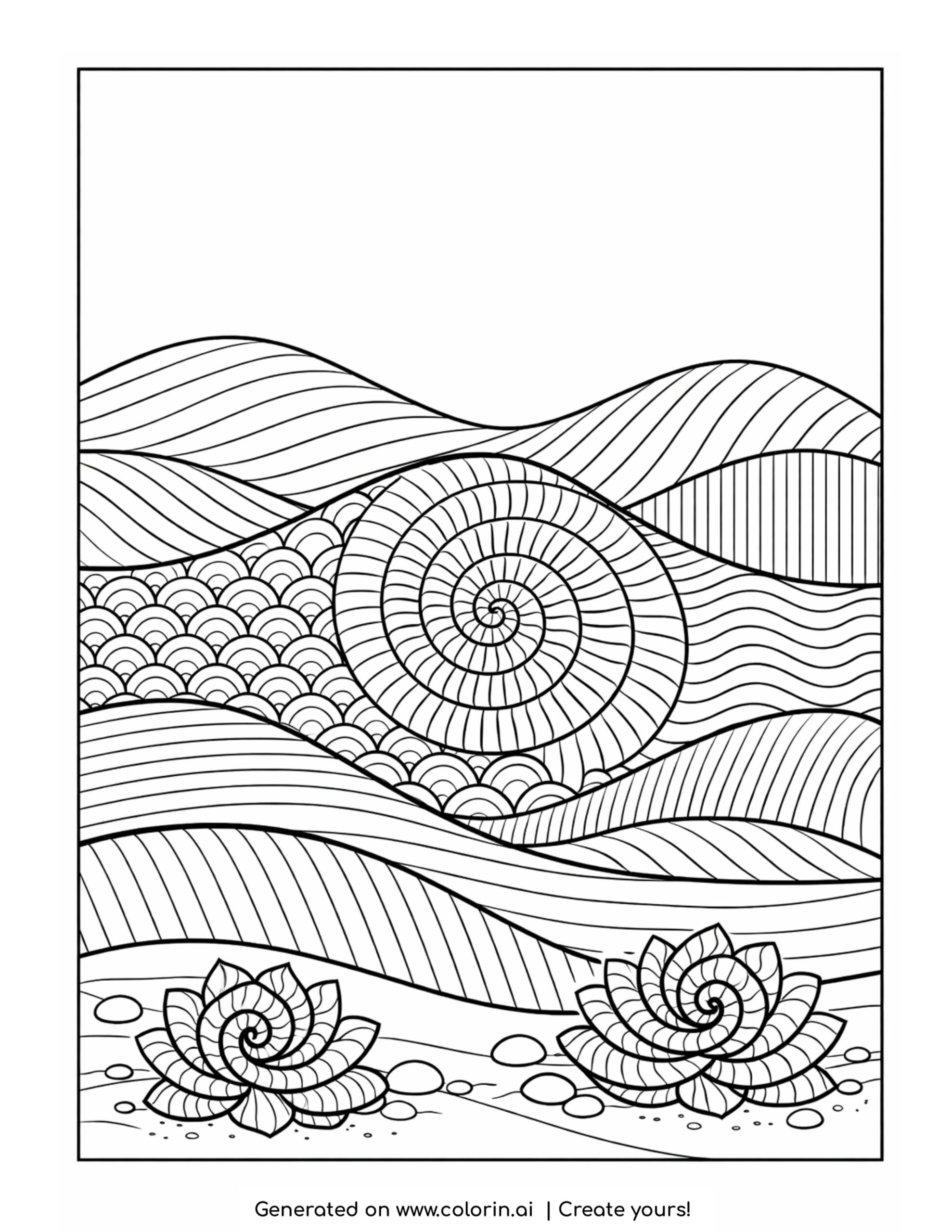 spiral dunes landscape with desert plants coloring page with flowing lines and spiral shapes
