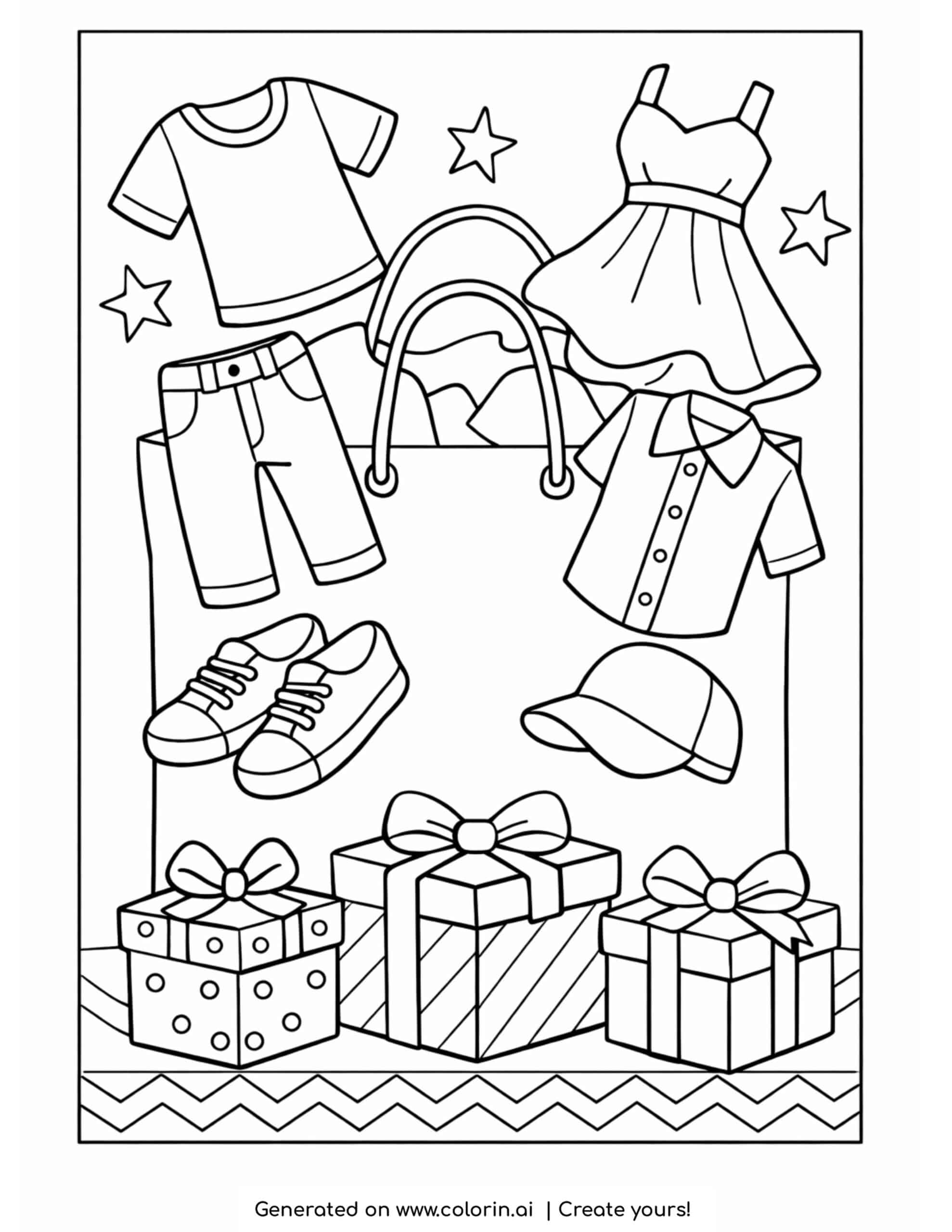 shopping bag with clothes and gifts coloring page featuring outfits, shoes and wrapped boxes
