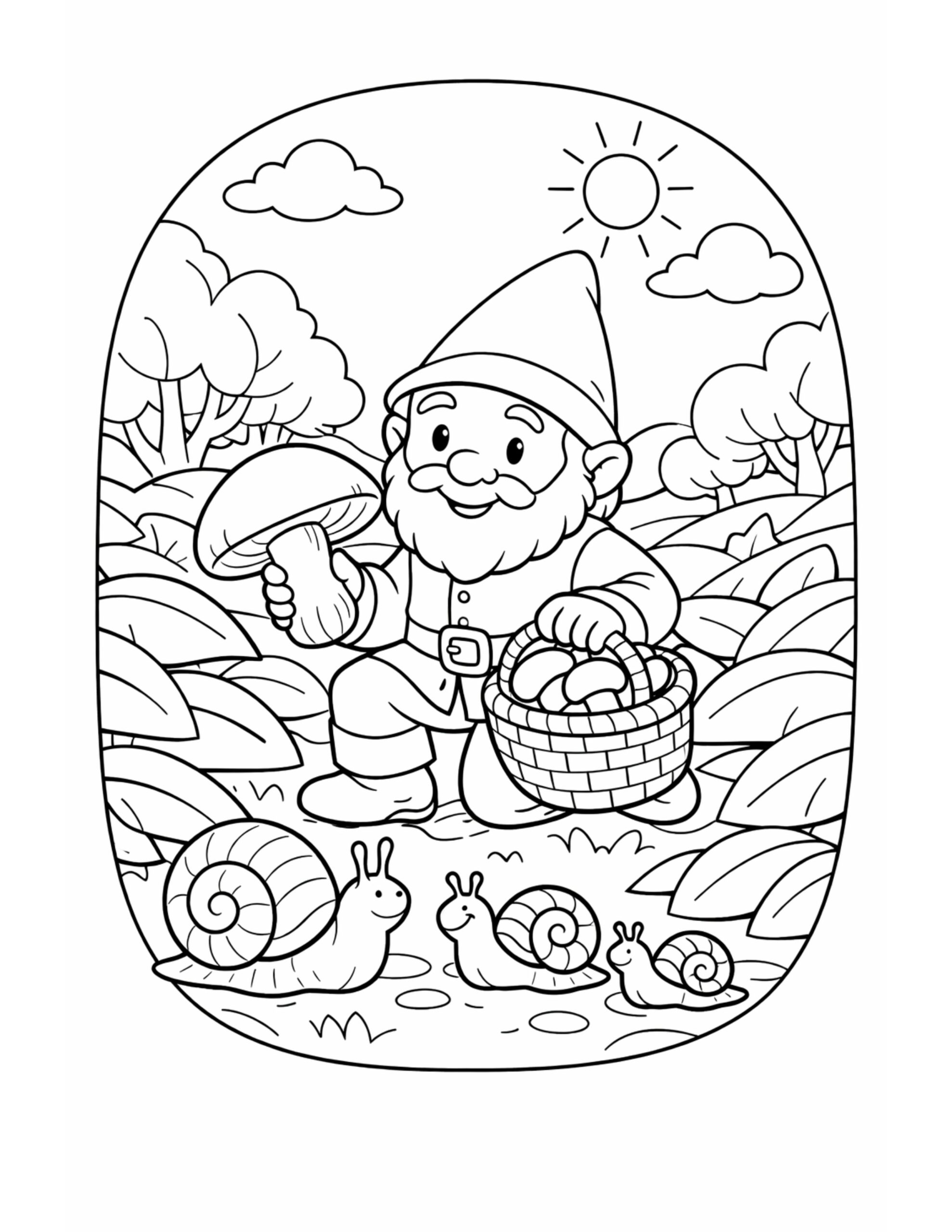 gnome picking mushrooms with snails coloring page featuring a smiling gnome holding a mushroom and basket in a sunny forest