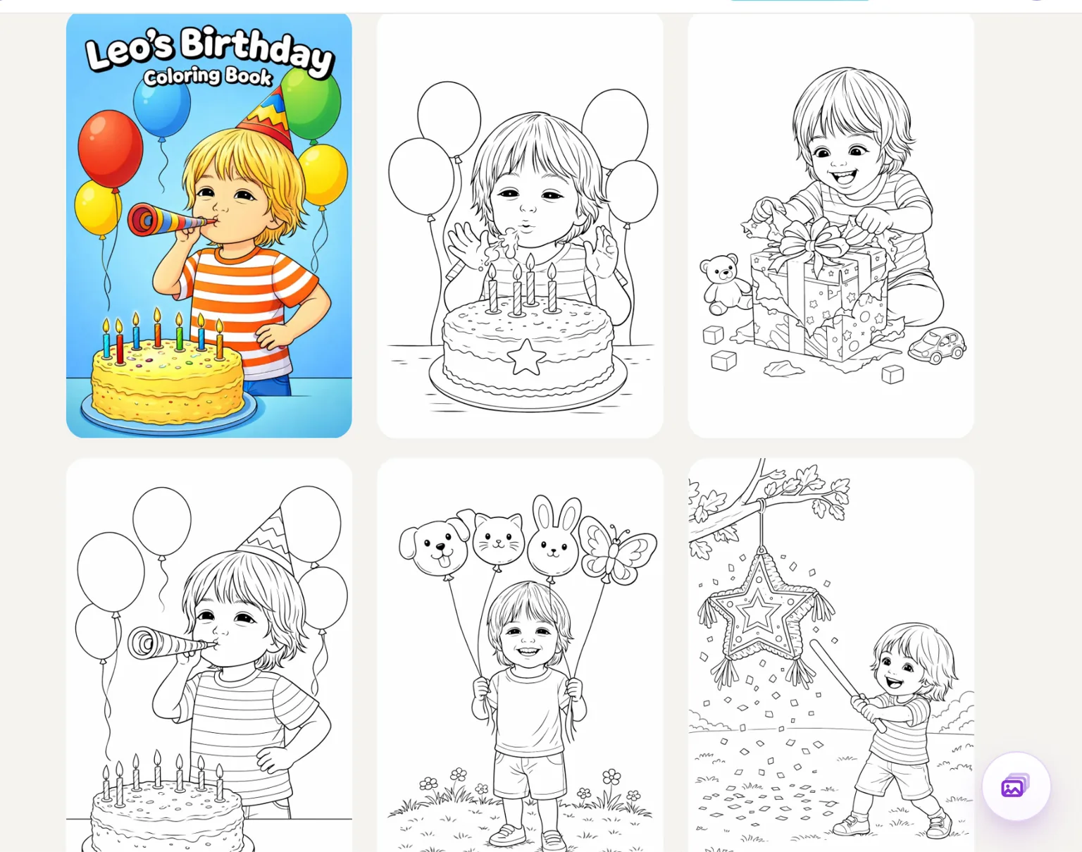 The finished five page birthday book in the Colorin AI gallery, with its cover and the five pages of the same boy