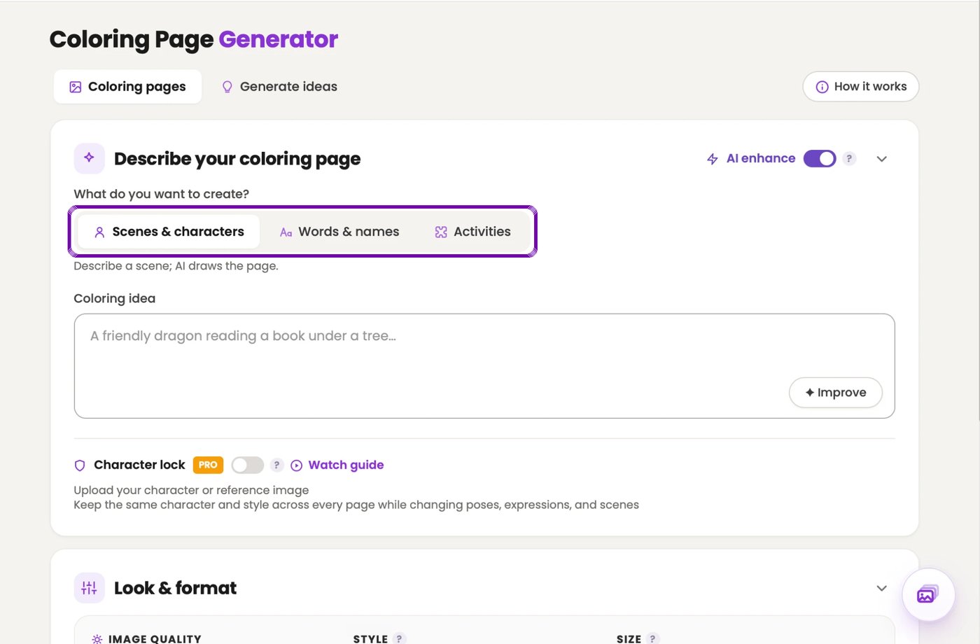 The Colorin coloring page generator with its three tabs, Scenes & characters, Words & names and Activities, marked in purple