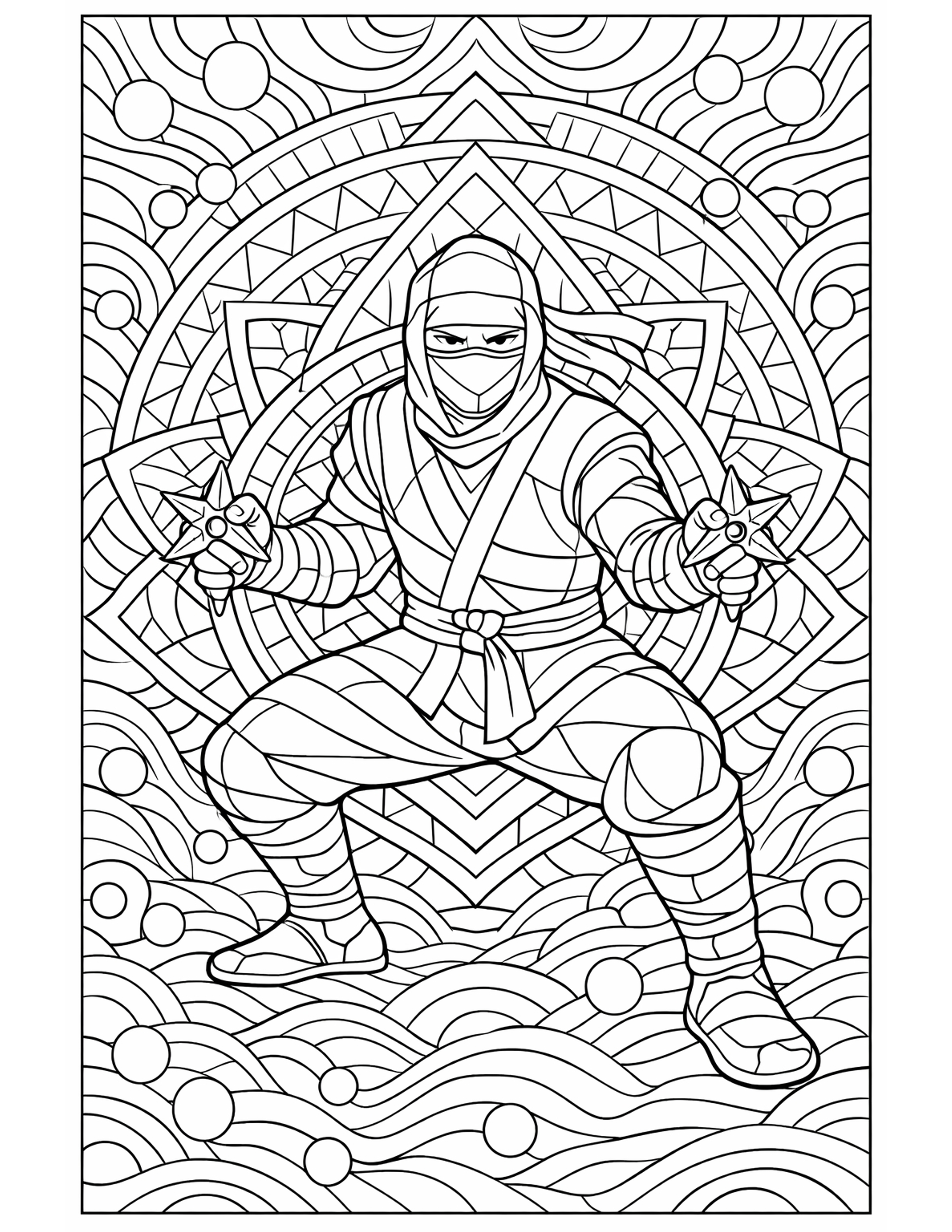 patterned ninja coloring pages - banded ninja in a ready stance holding two throwing stars over a mandala background