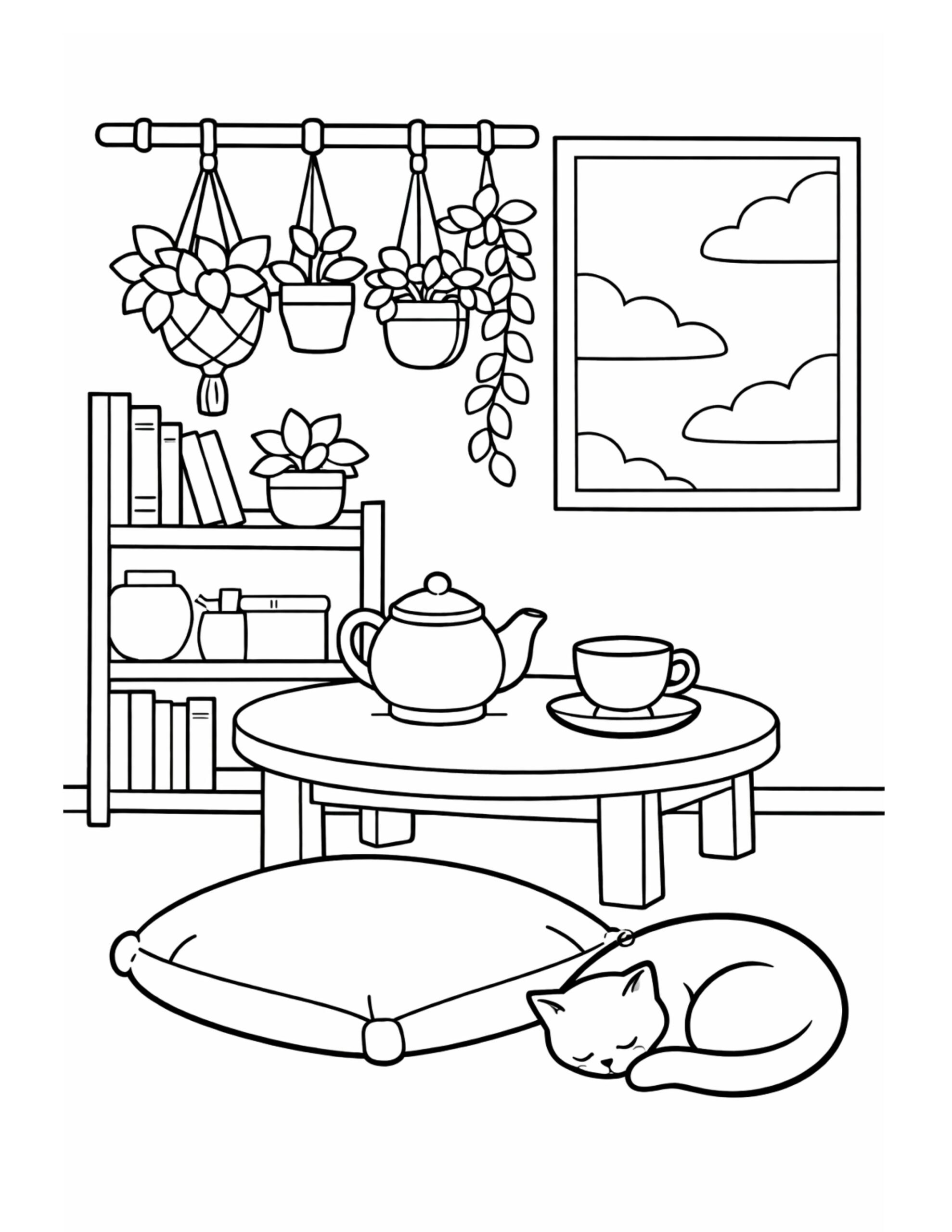 sleeping cat by tea table coloring page with teapot, cup, hanging plants, bookshelf, and window clouds