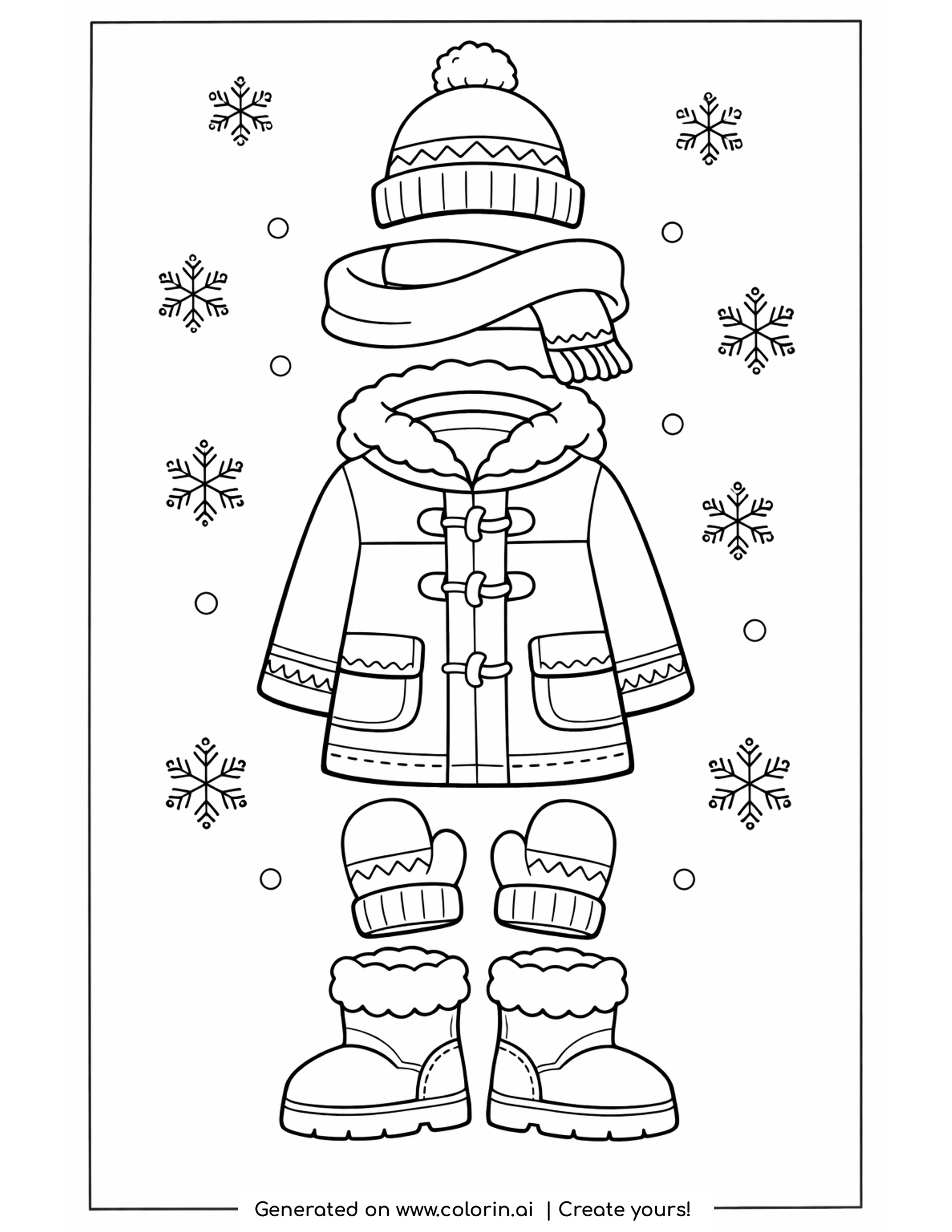 winter clothes coloring pages, flat lay of a beanie, scarf, coat, mittens and boots