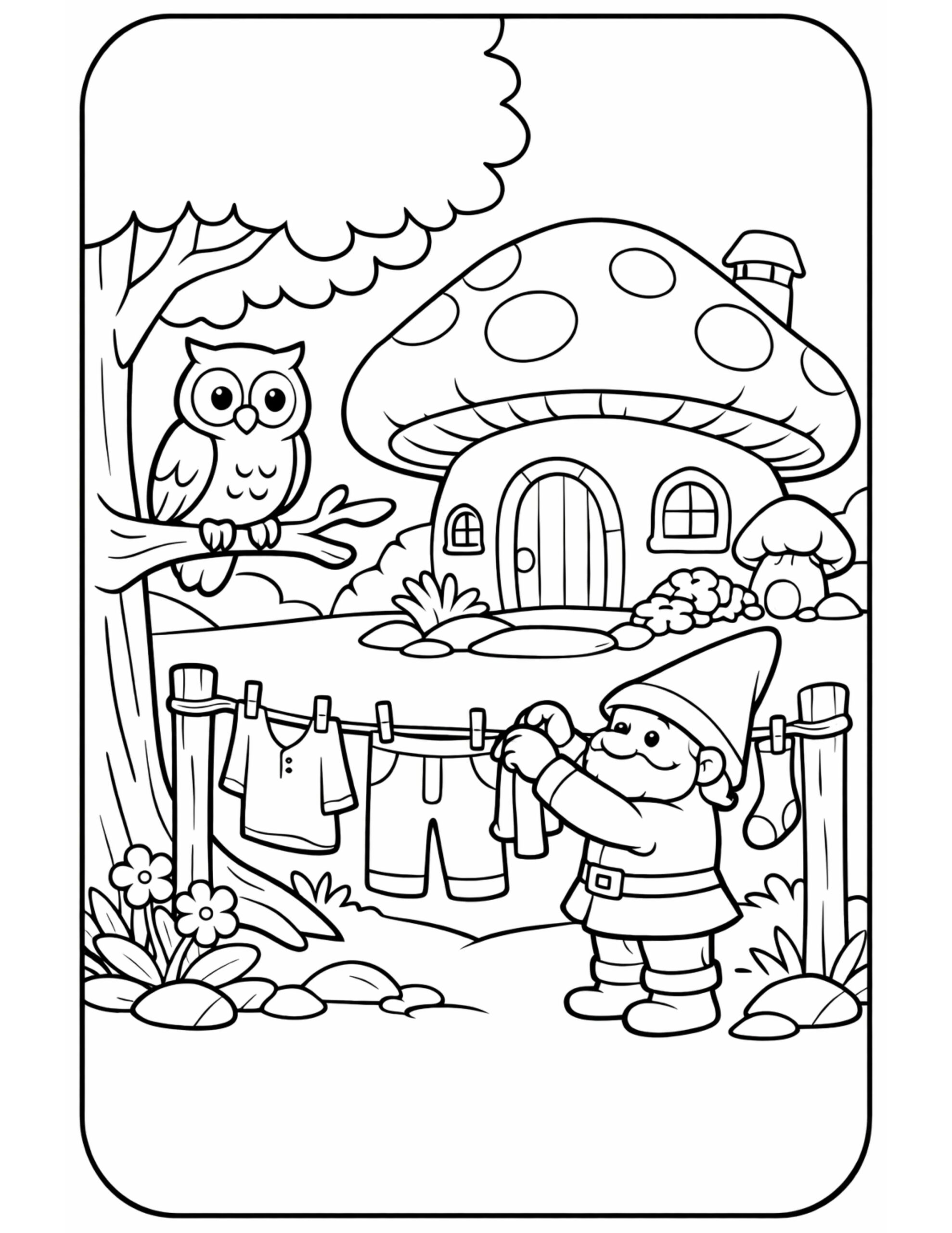 gnome hanging laundry outside coloring page with a mushroom house, owl on a tree branch, and a clothesline coloring page