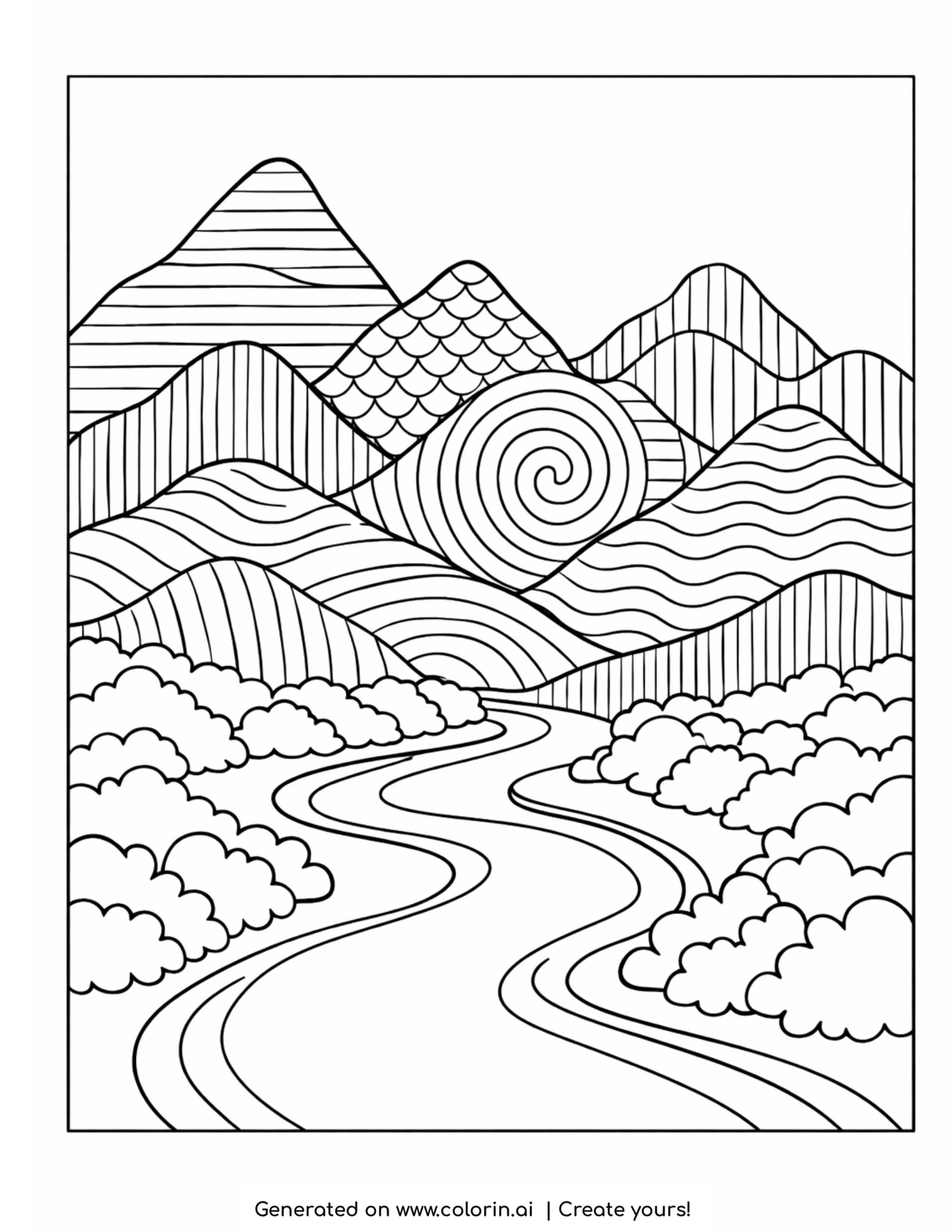 mountain landscape with winding river and hills coloring page