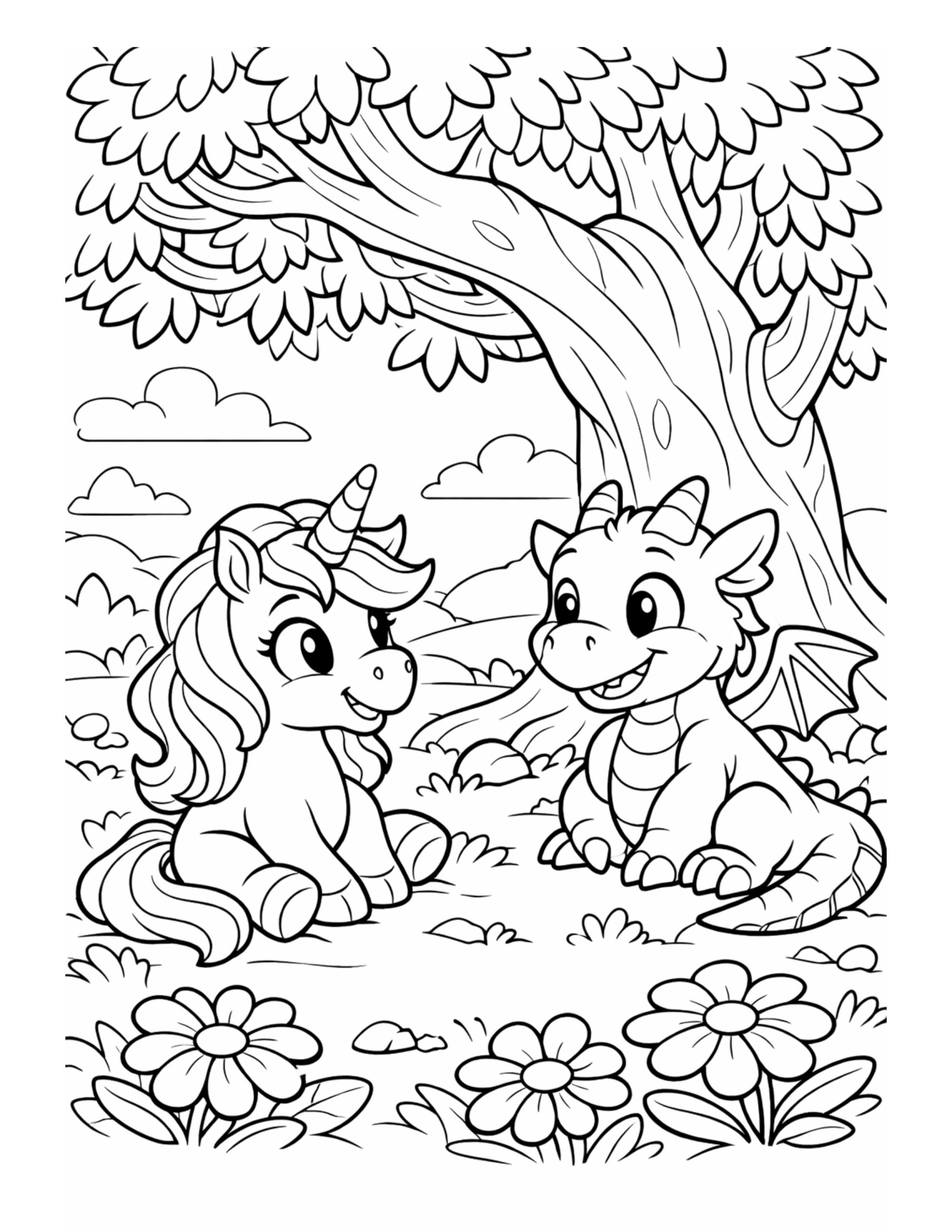 unicorn chatting with baby dragon coloring page under a big tree with flowers coloring page