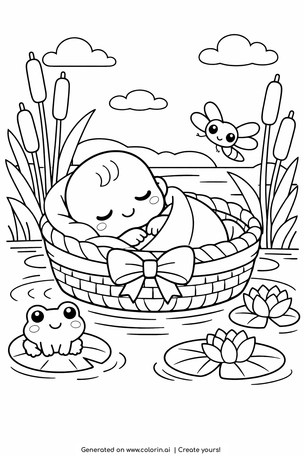 kids bible coloring pages, baby Moses sleeping in a woven basket among reeds with a frog and dragonfly