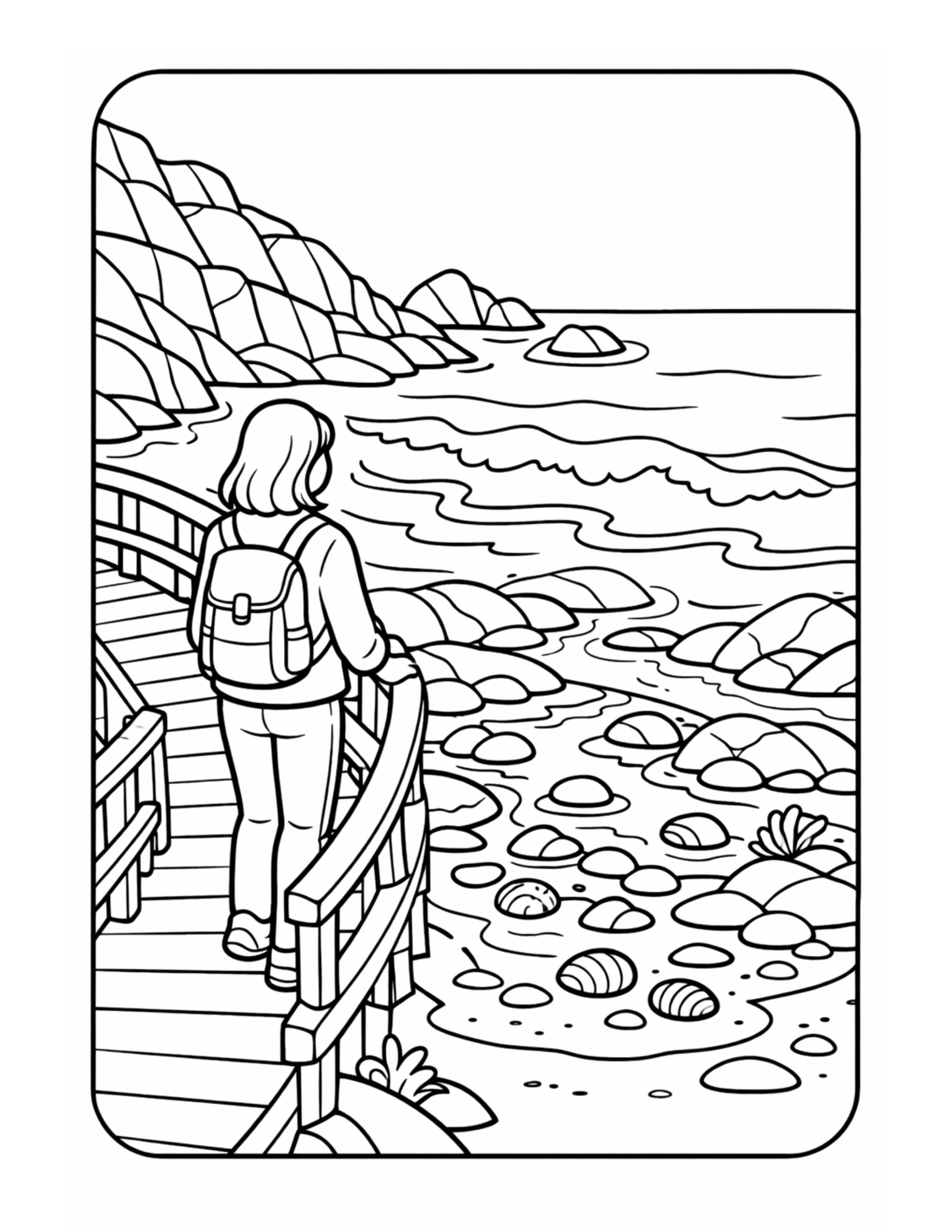 backpacker on coastal boardwalk coloring page with a hiker leaning on a railing above a rocky shoreline and gentle waves coloring page