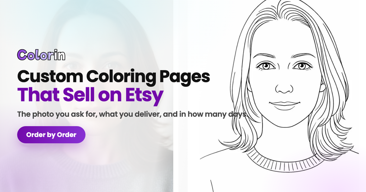 A portrait photo beside the coloring page made from it, with the guide title over them