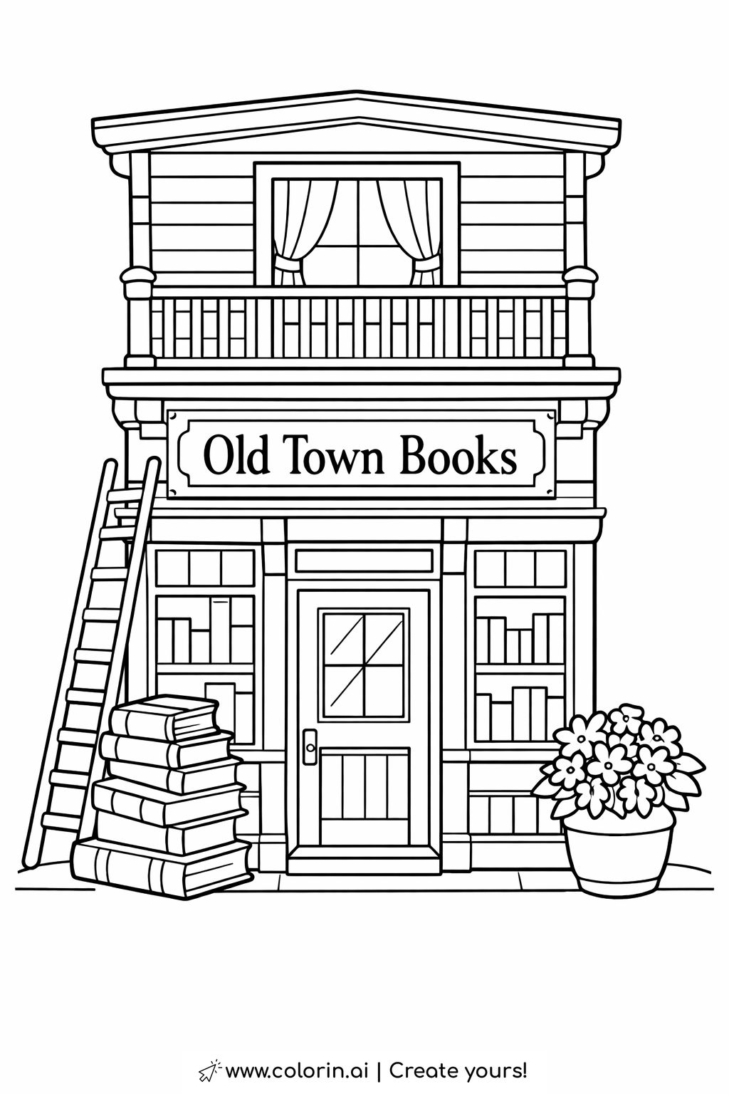 old bookstore with ladder and books coloring page featuring balcony and flower pot coloring page