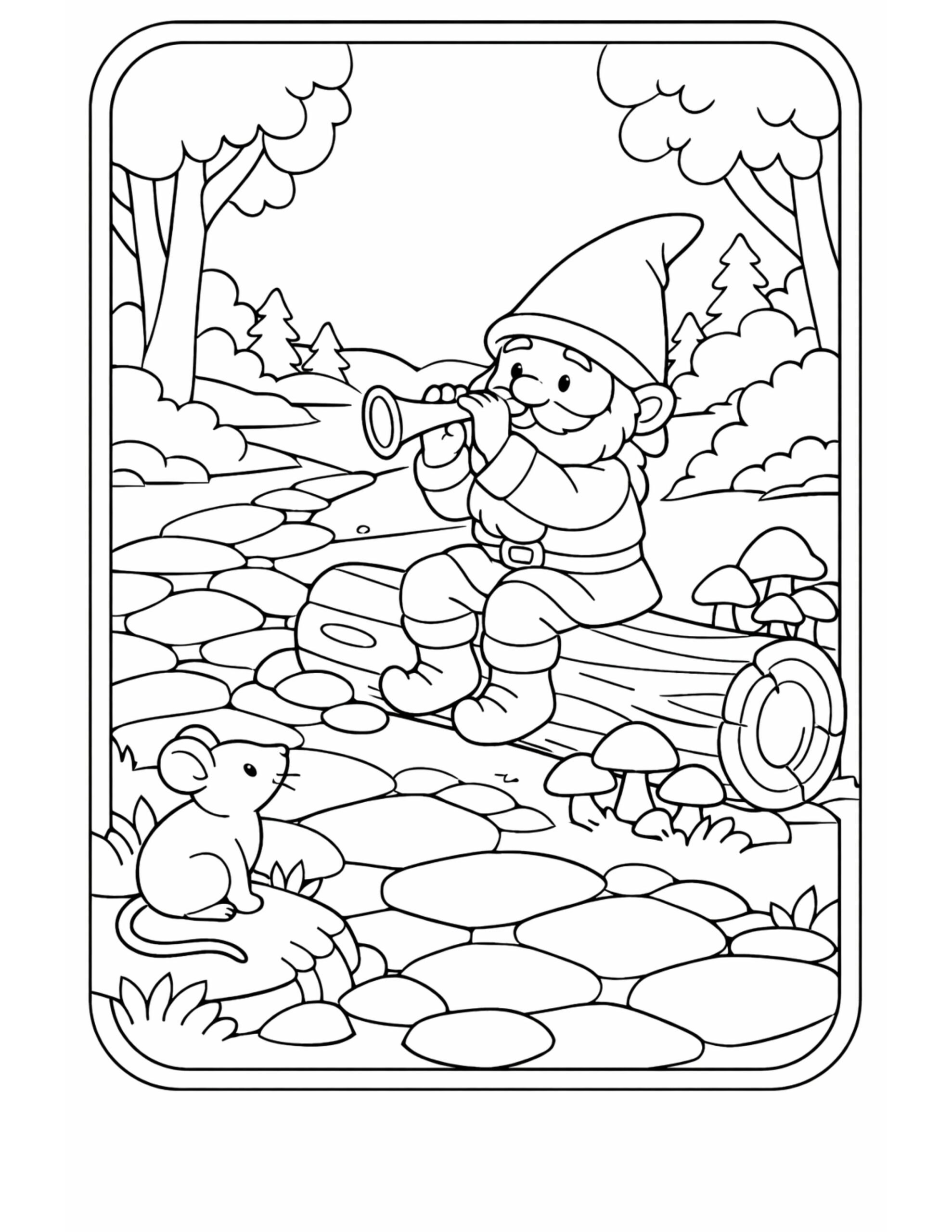 gnome looking through telescope coloring page with a gnome on a log beside a stone path, mushrooms, and a small mouse coloring page