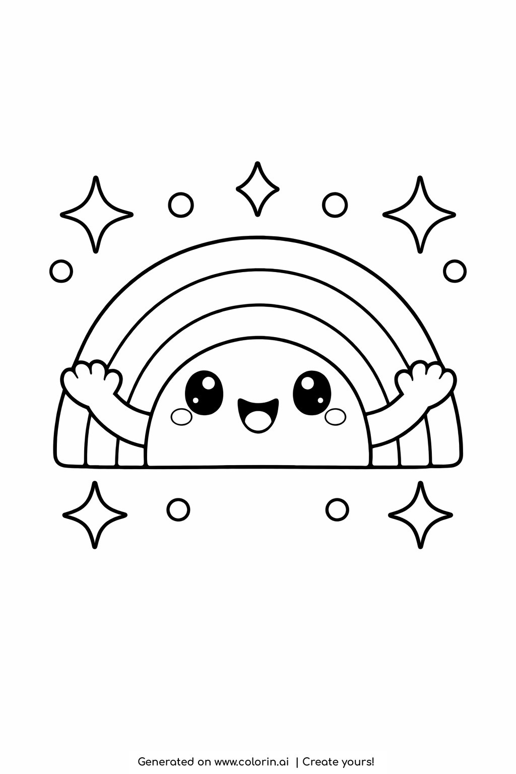cute rainbow coloring pages, a cheerful rainbow with little waving arms, a big smile, and sparkles and dots all around