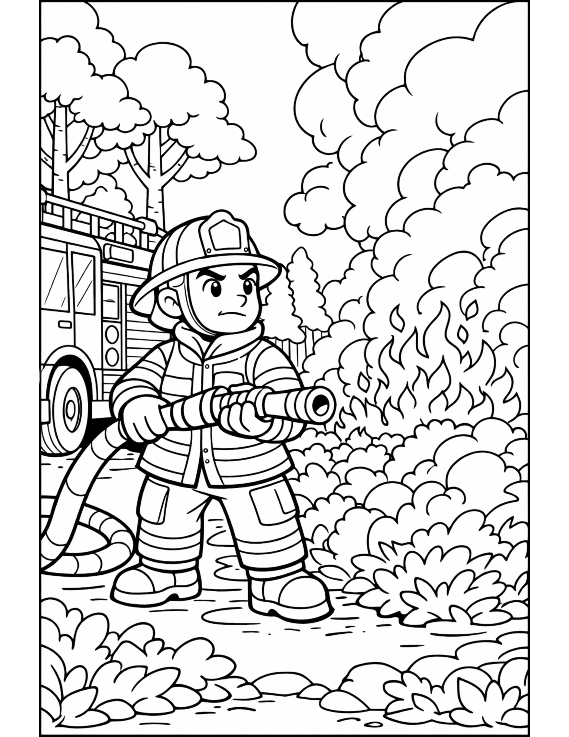firefighter spraying hose at wildfire coloring page with fire truck, trees, and thick smoke coloring page