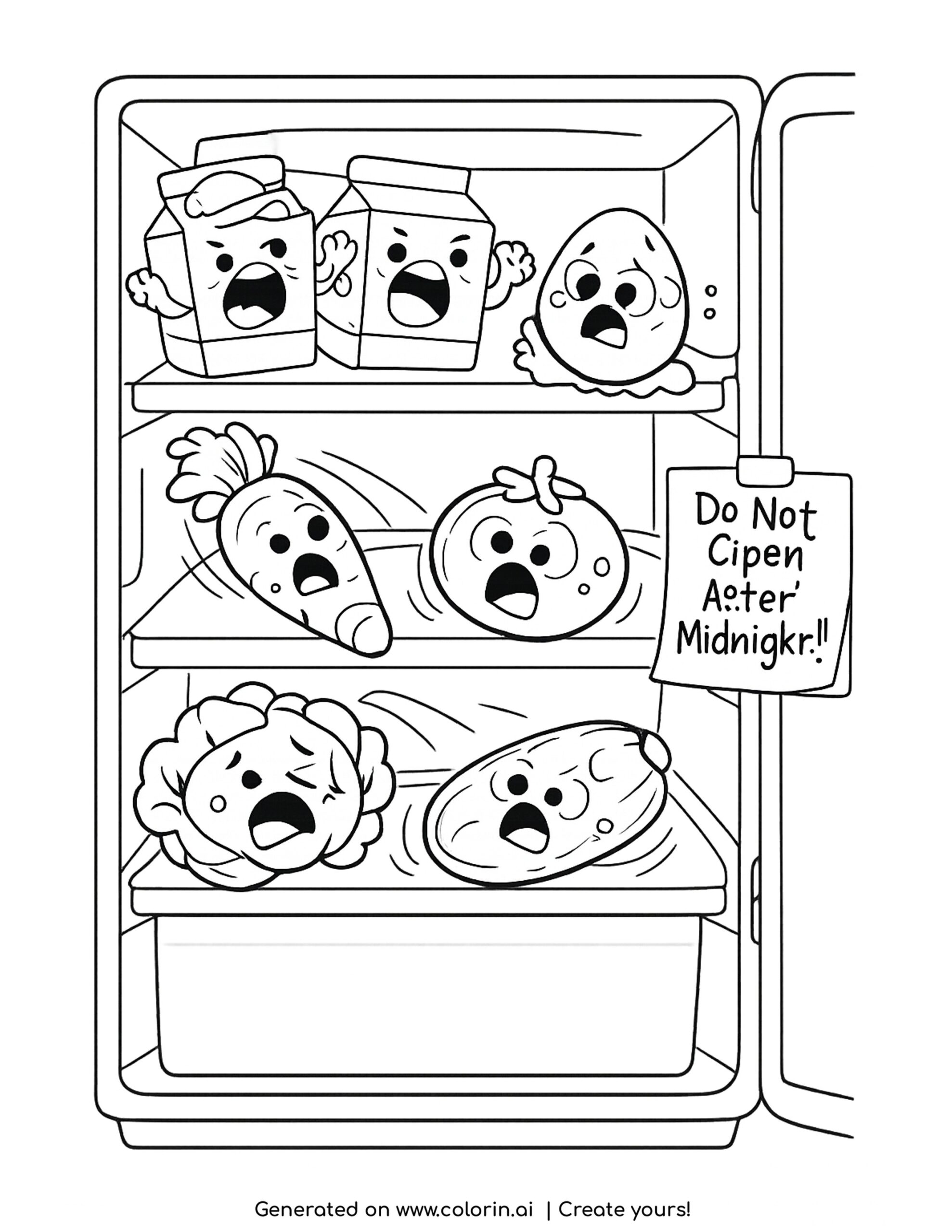 funny food coloring pages, panicking cartoon fridge food with screaming milk cartons, carrot and tomato beside a Do Not Open After Midnight sign