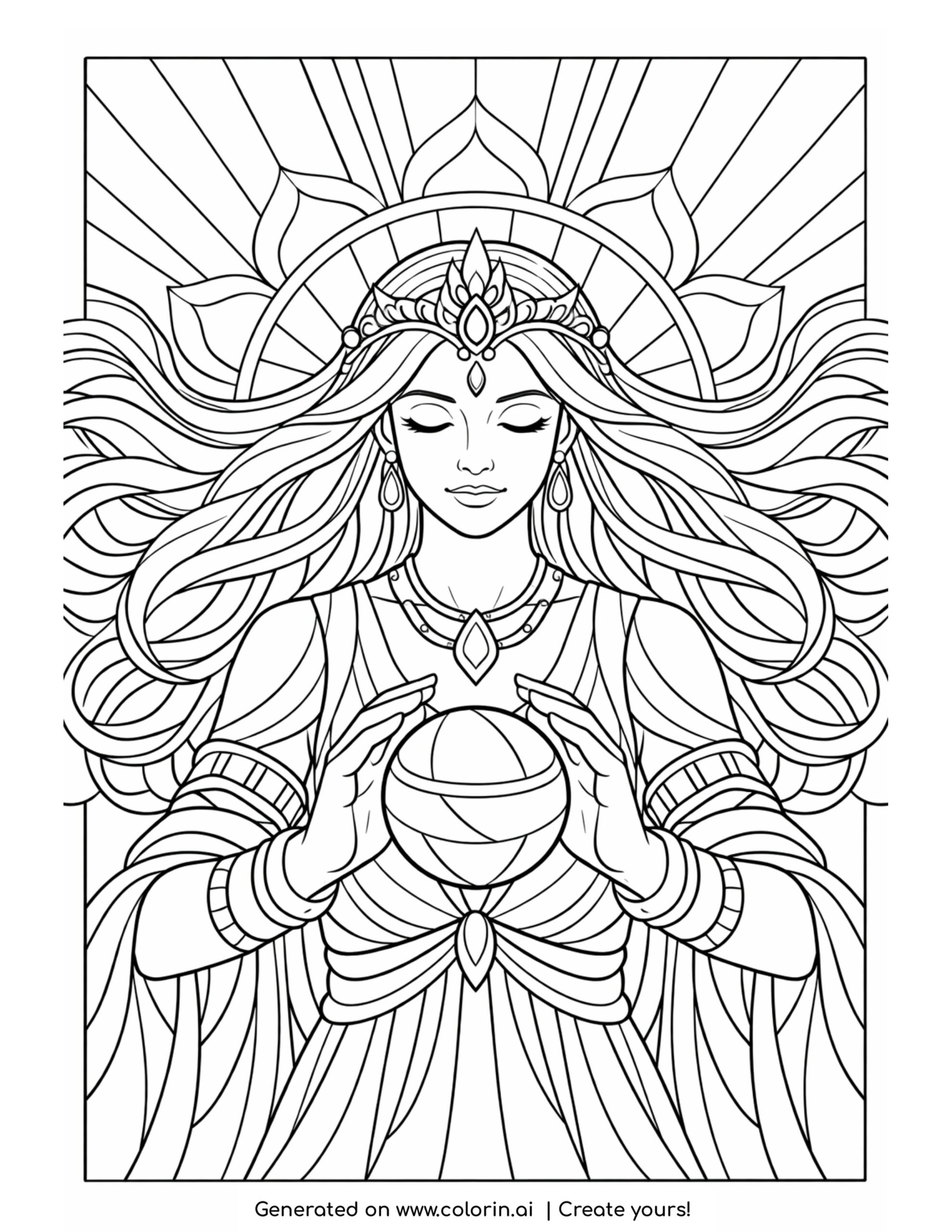 goddess channeling solar energy coloring page with radiant beams and flowing hair