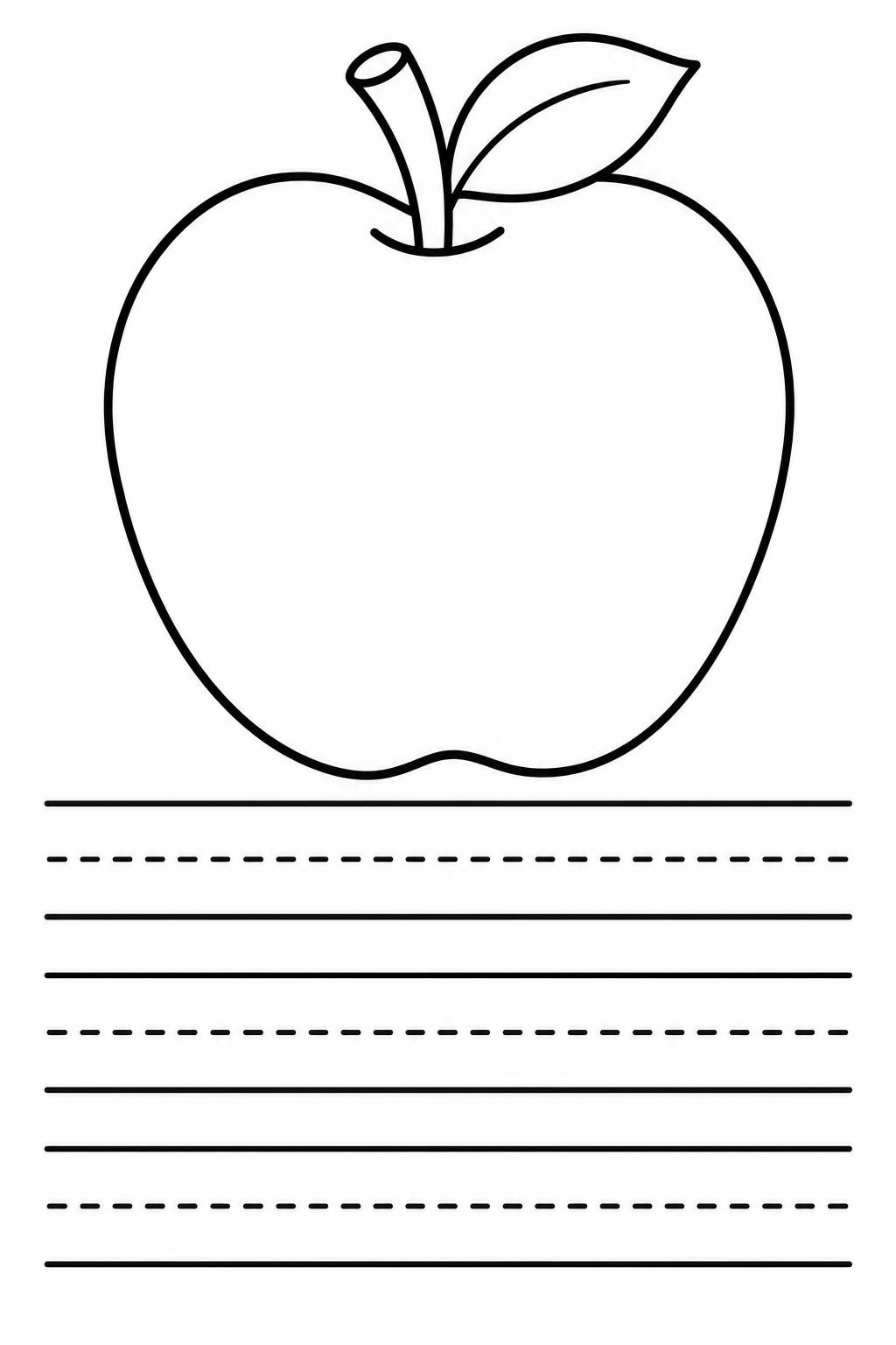 A worksheet with an apple outline to color at the top and ruled handwriting lines below