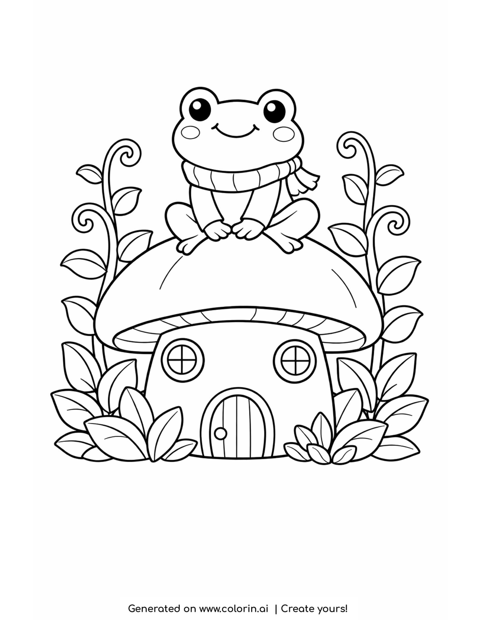 frog sitting on mushroom house coloring page with plants and vines illustration coloring page