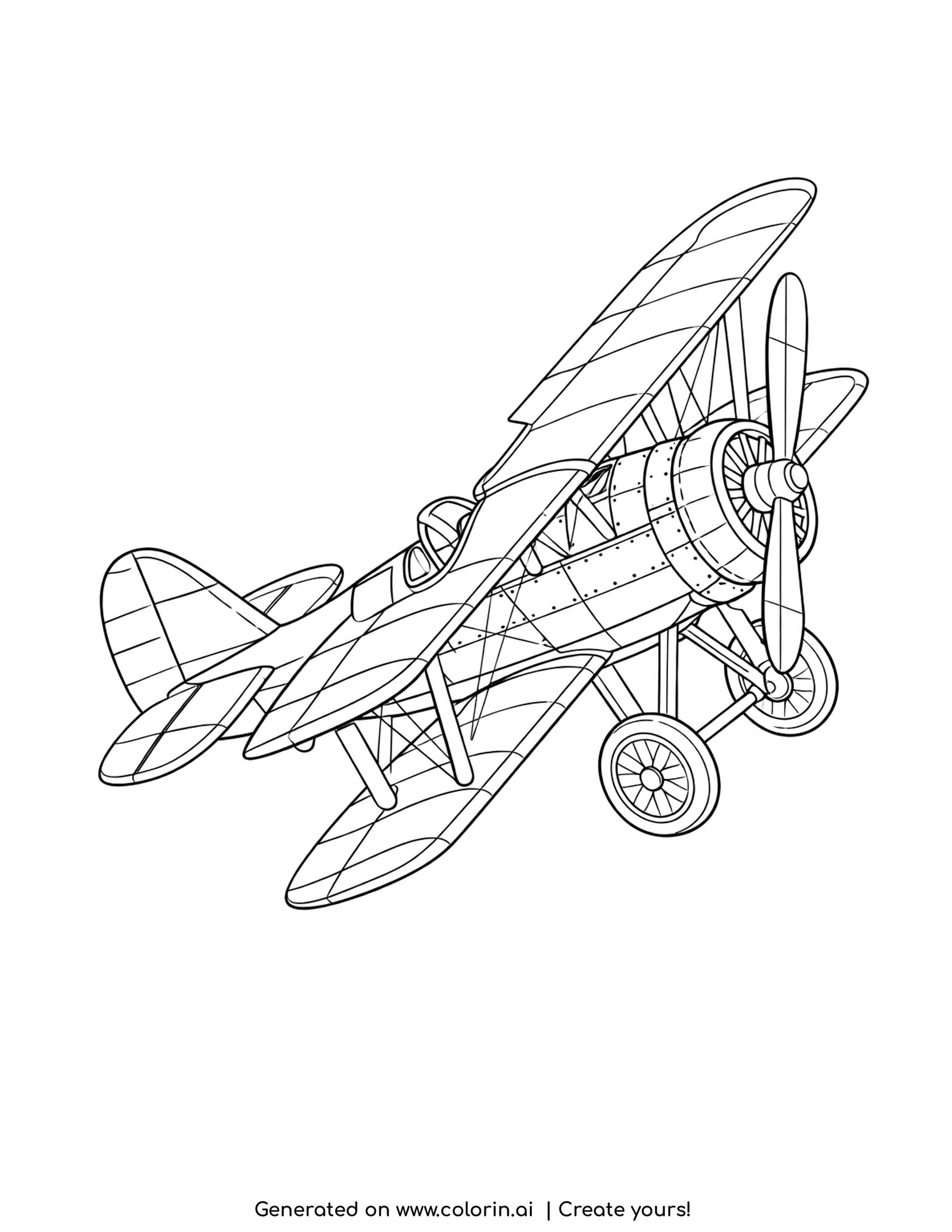 old airplane coloring pages — early airplane with two open cockpits, ribbed fabric wings and spoked wheels