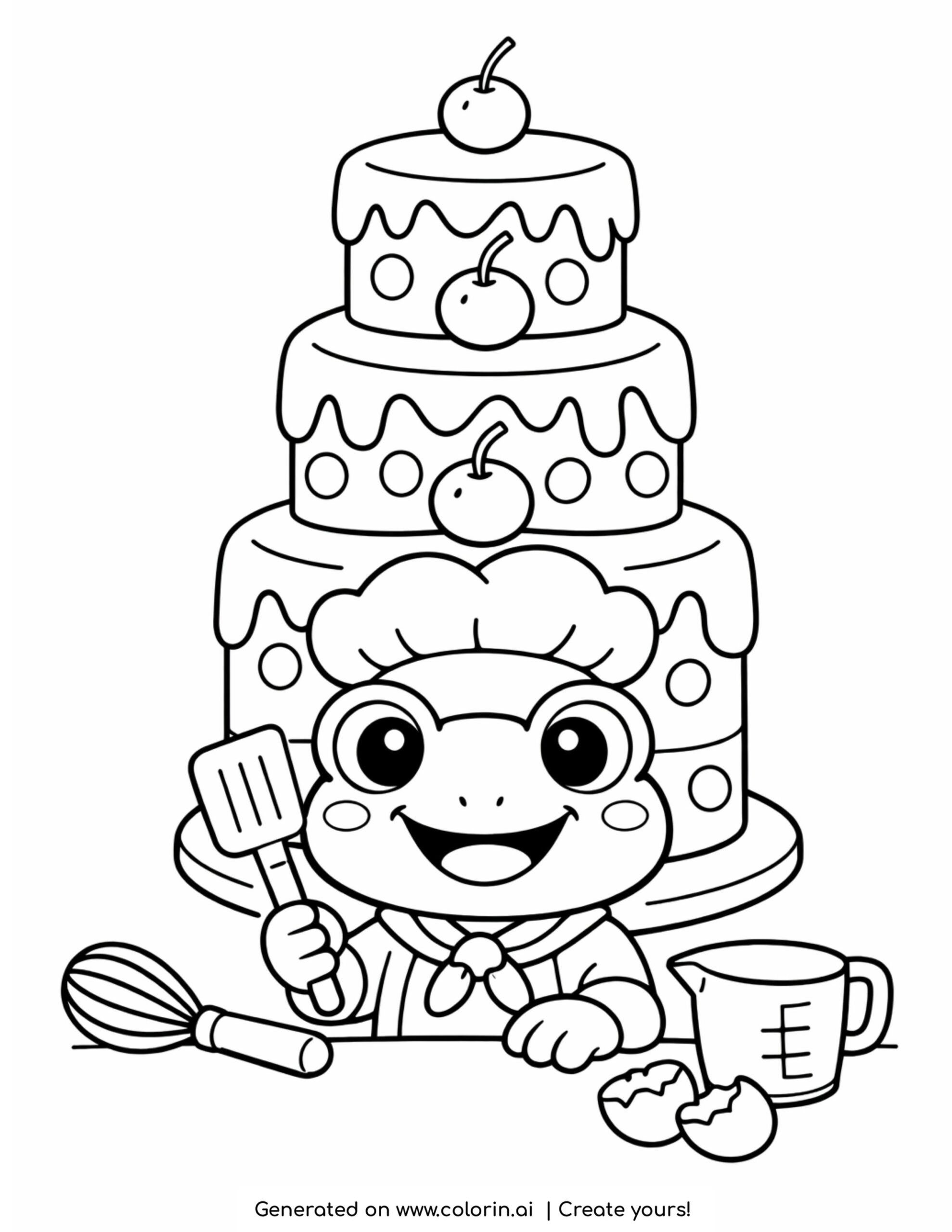 frog baking a layered cake coloring page with cherries and kitchen tools illustration coloring page