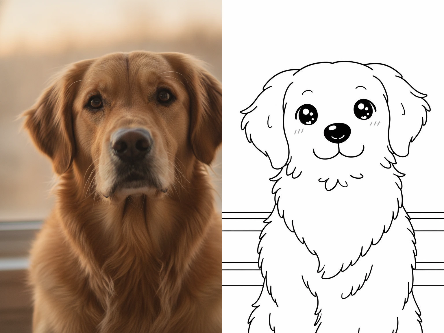 A photo of a golden retriever on the left and the Kawaii style coloring page made from it on the right