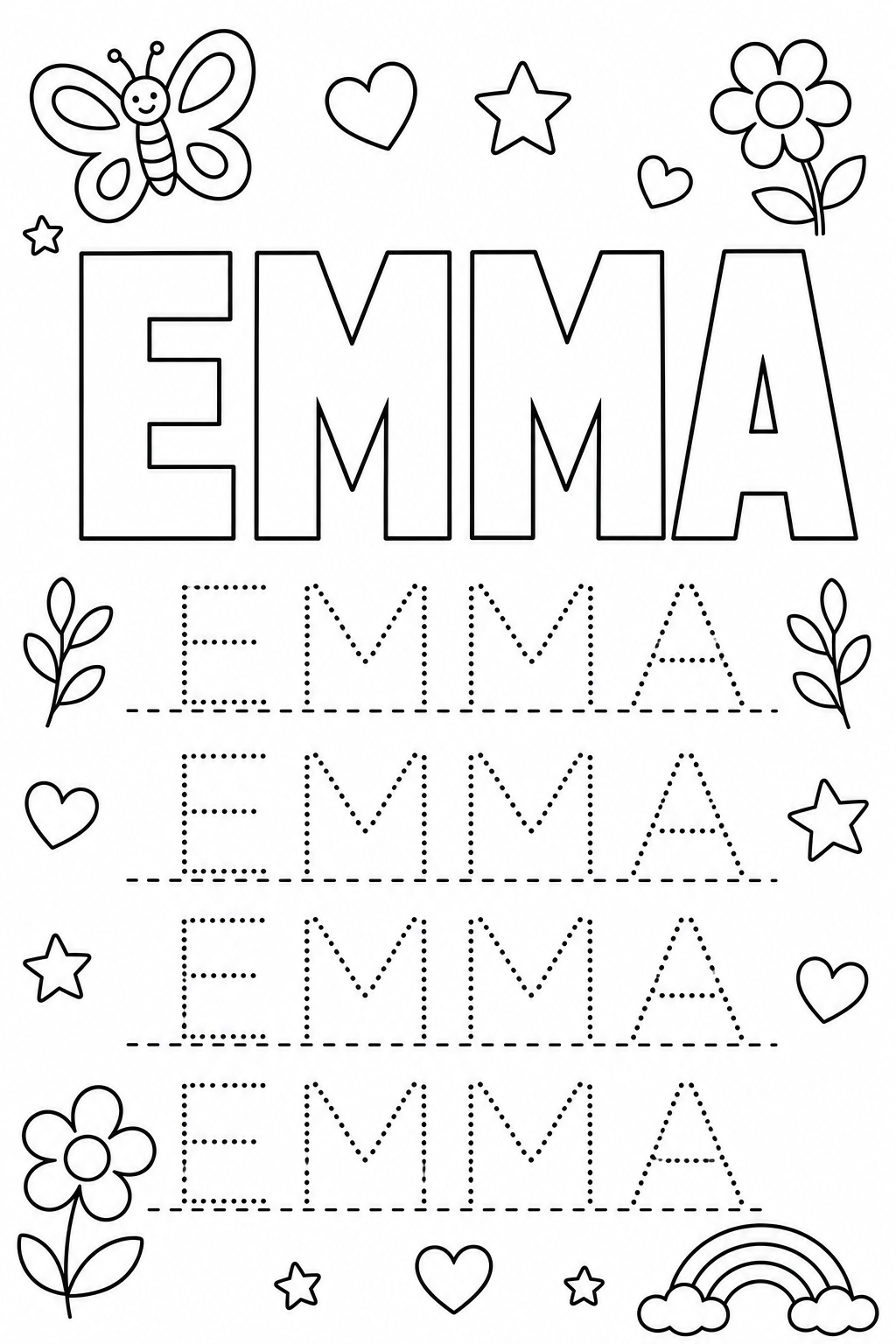 A worksheet with EMMA in big hollow letters to color and four dotted rows underneath to trace