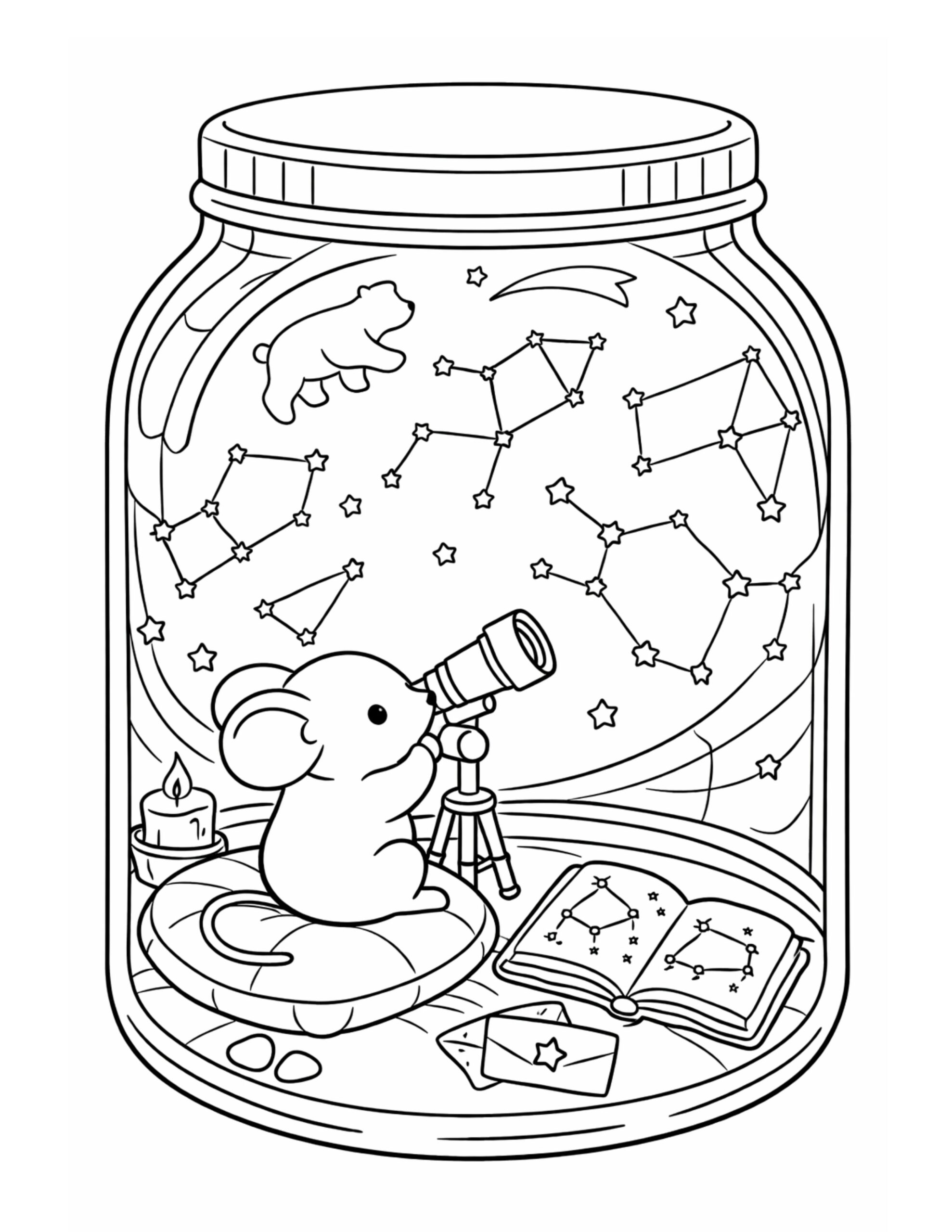 mouse stargazing with telescope coloring page inside a jar with constellations, book, and candle coloring page