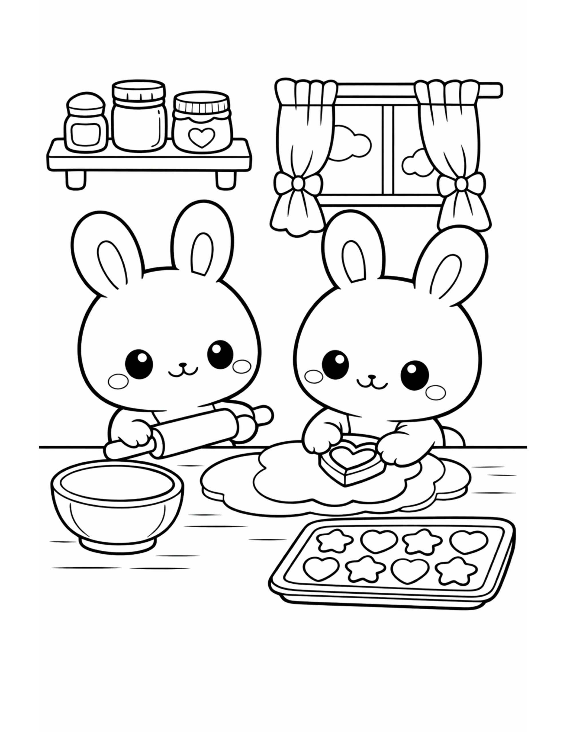 bunnies baking heart cookies coloring page, two cute rabbits baking with a rolling pin and heart cookie cutter, coloring page
