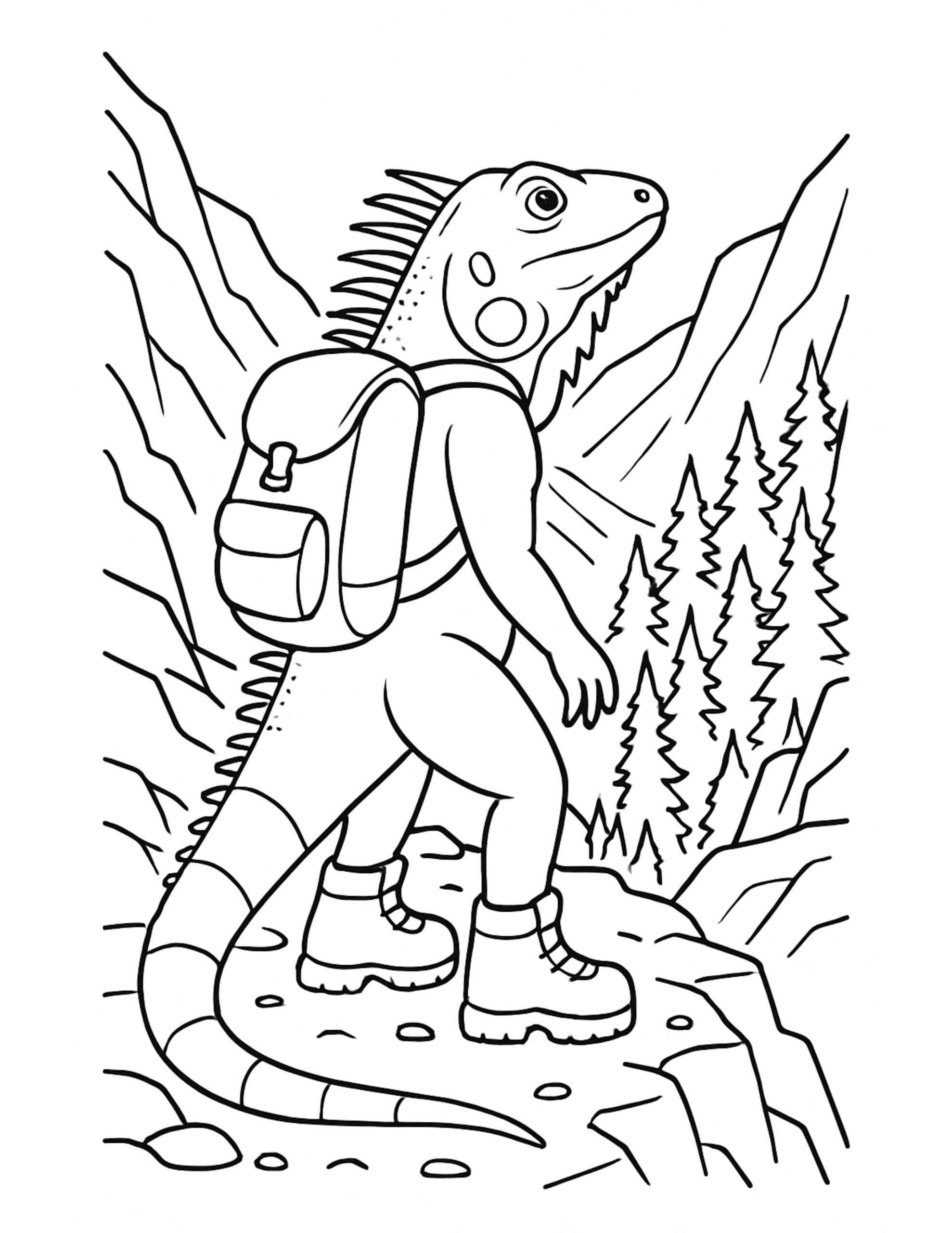 lizard hiking mountain trail coloring page, lizard with backpack and hiking boots in pine mountains coloring page