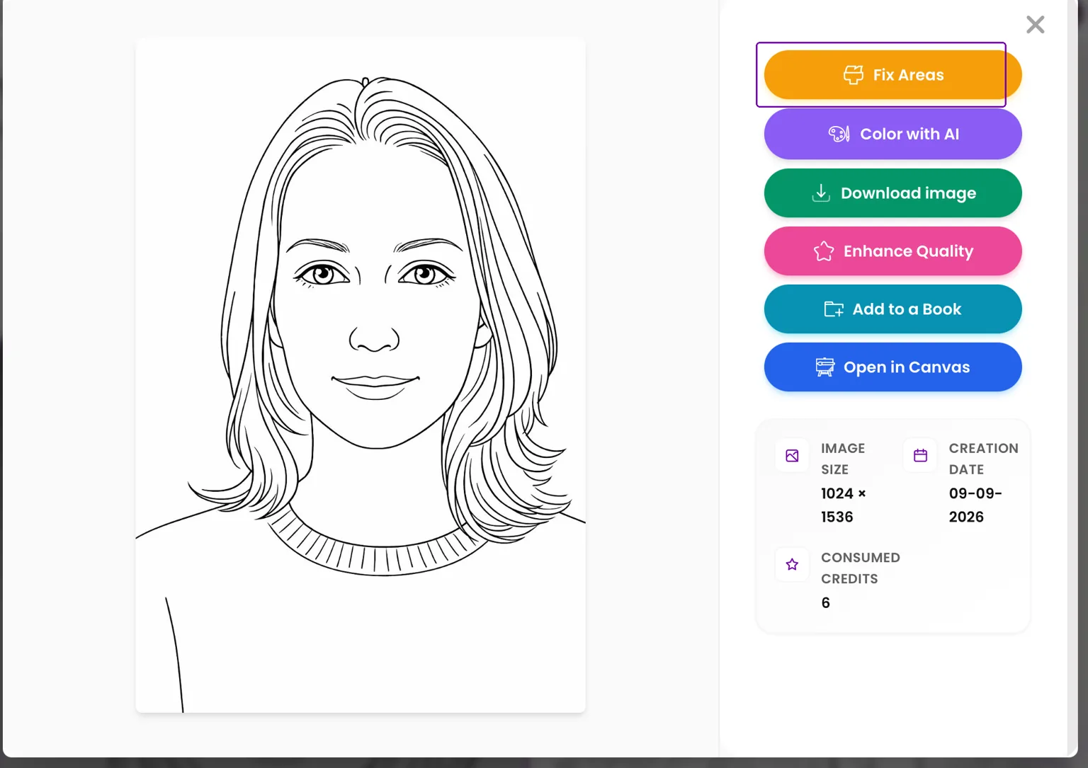 A converted portrait open in Colorin AI with the side panel of tools, Fix Areas highlighted at the top