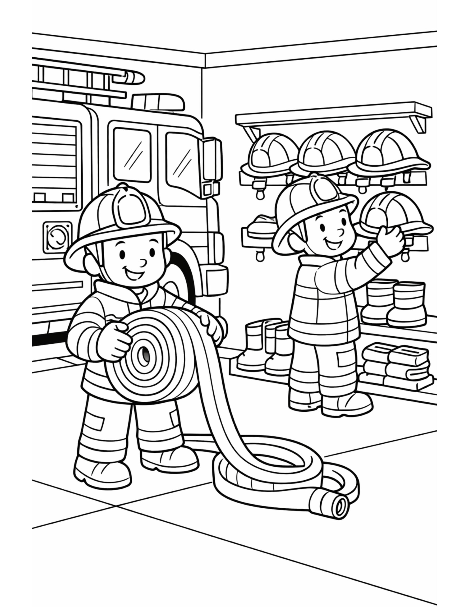 firefighters organizing gear in station coloring page with rolled hose, helmets on rack, boots, and fire truck