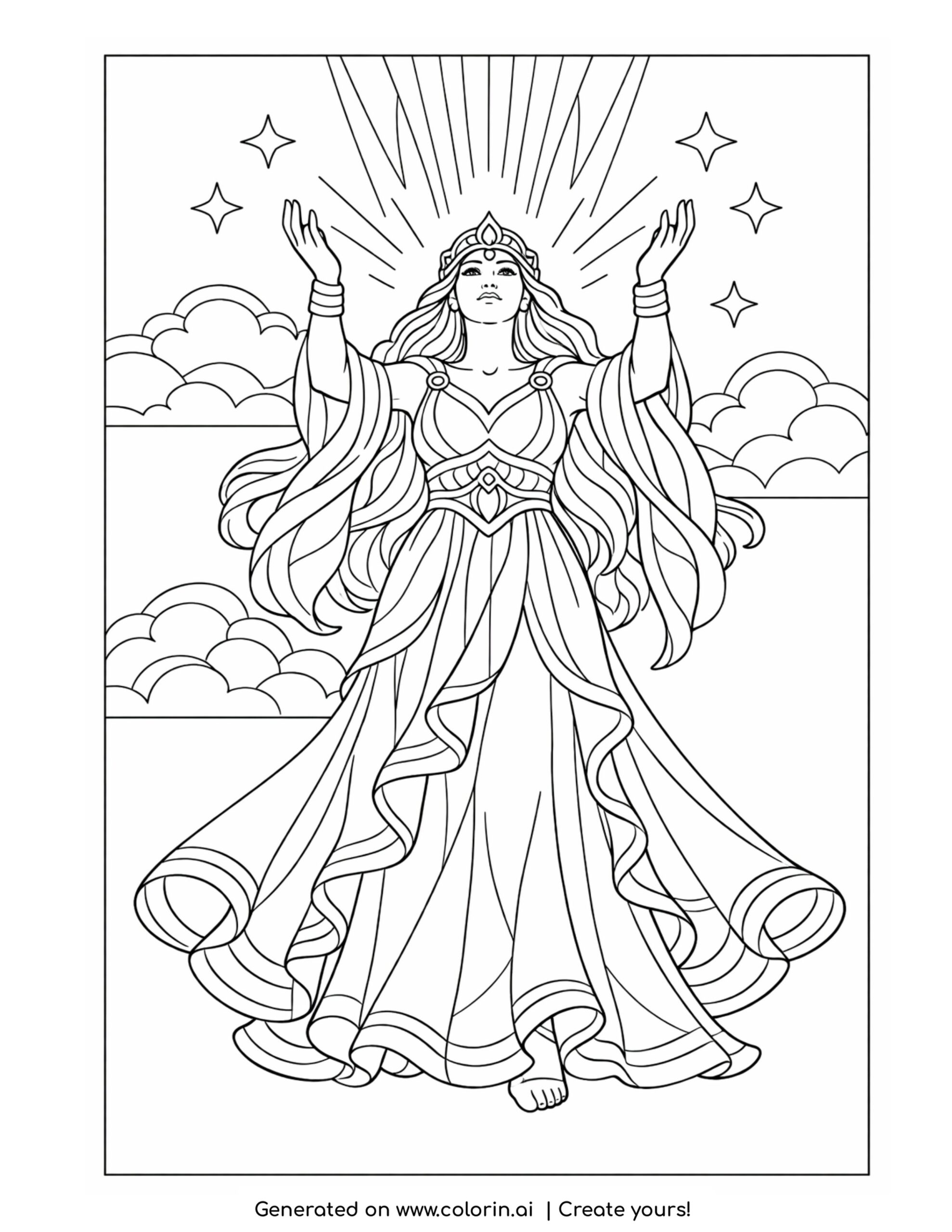 goddess welcoming dawn light coloring page with radiant beams and layered clouds