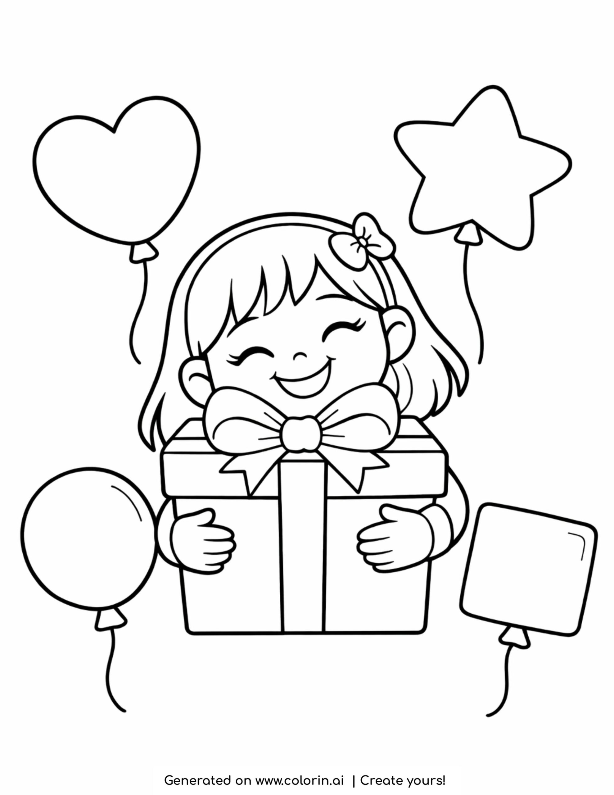 girl hugging gift with balloons coloring page with heart and star balloons