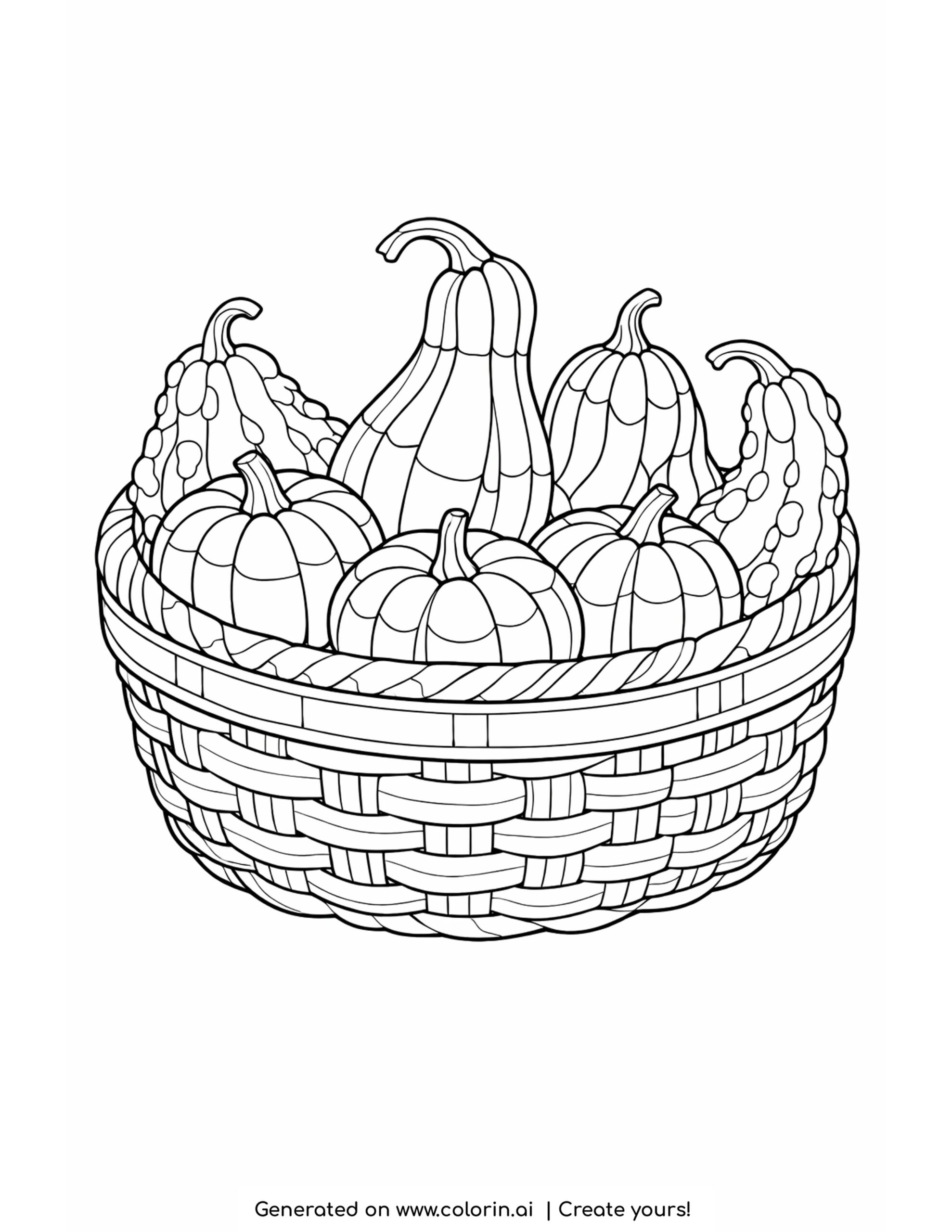 thanksgiving food coloring pages, a woven basket filled with pumpkins and assorted bumpy autumn gourds