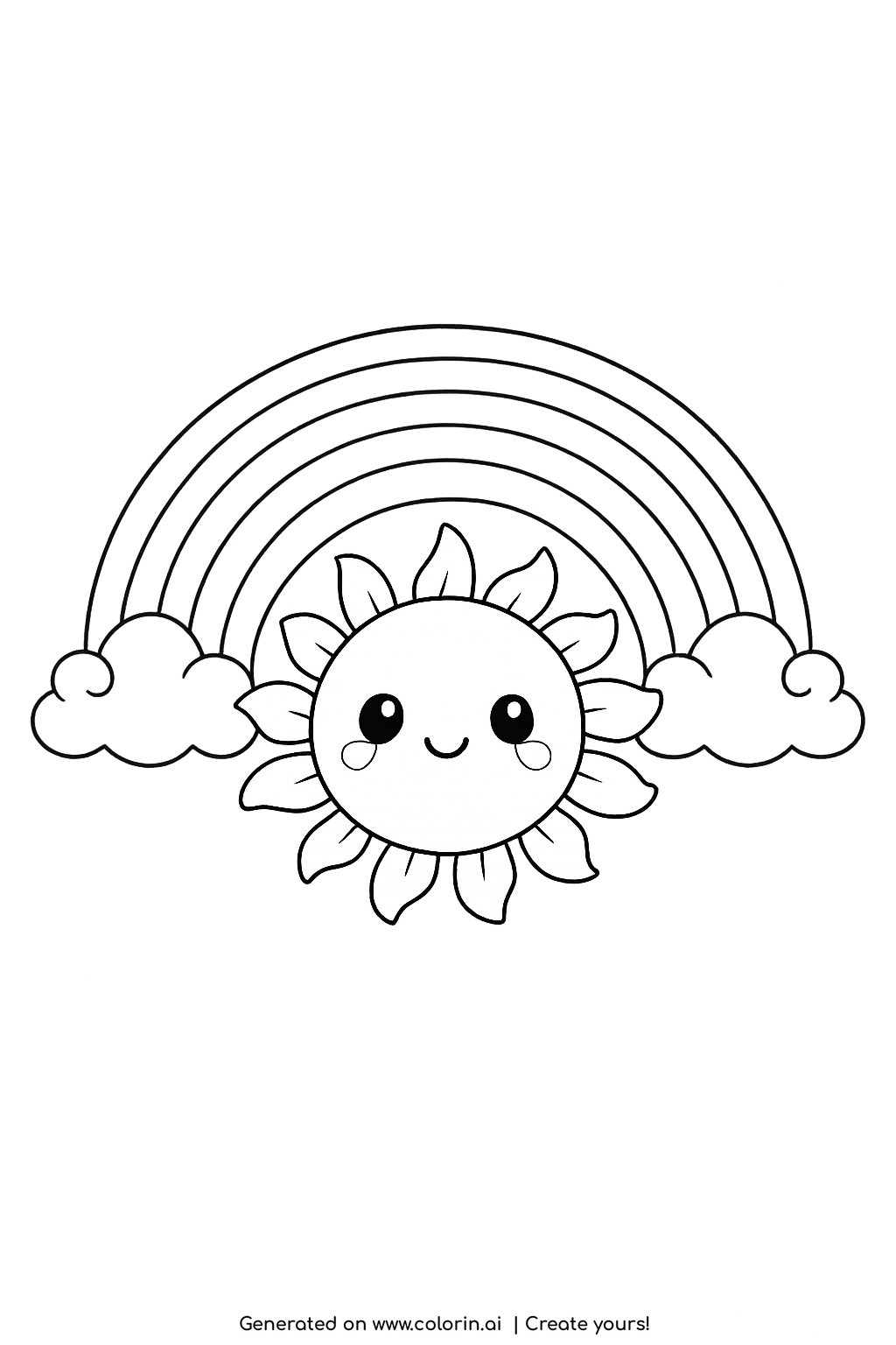 coloring pages for kids rainbow, one bold rainbow arch next to a large simple sun with short chunky rays