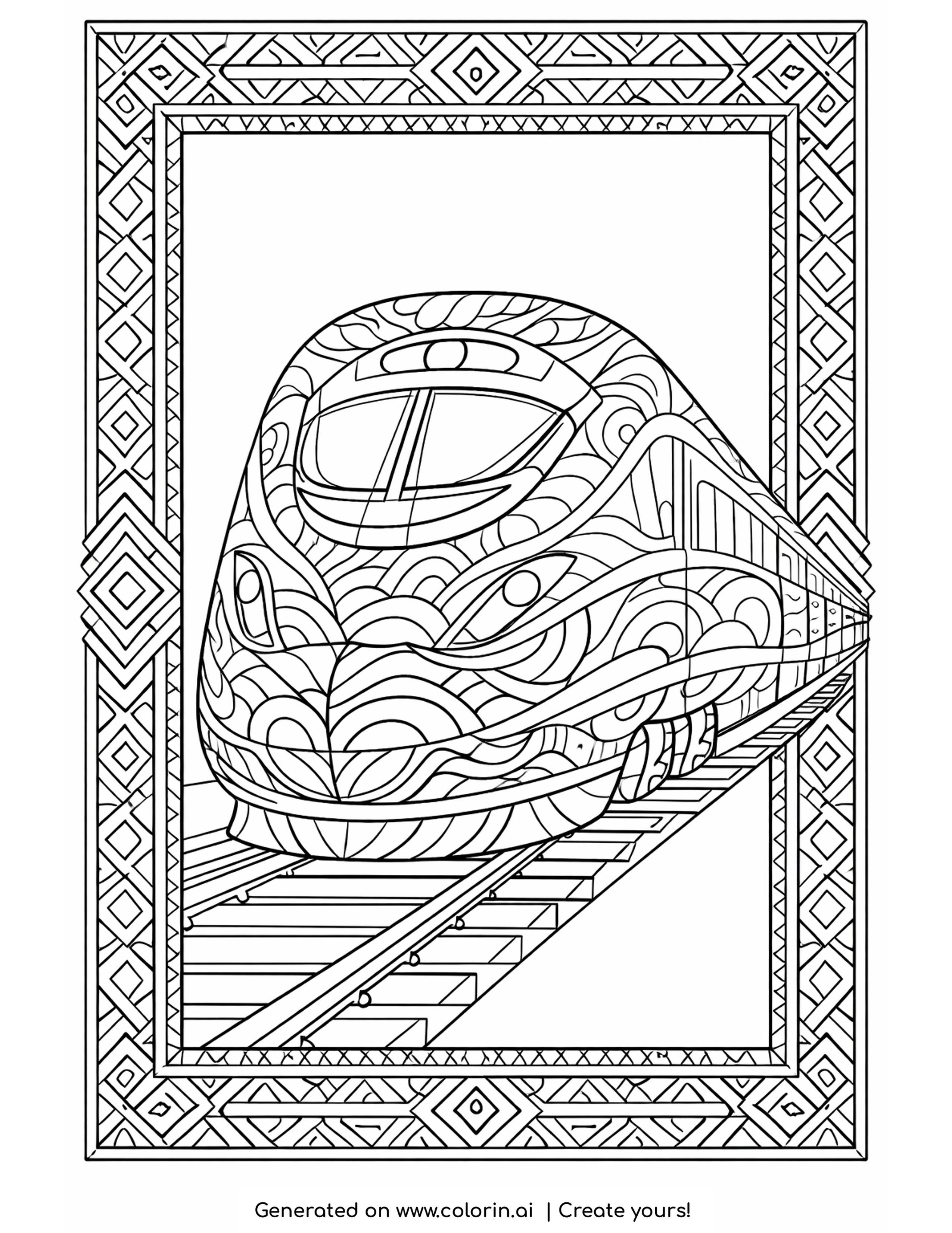 patterned bullet train coloring pages: a high speed train filled with flowing waves inside a nested diamond border