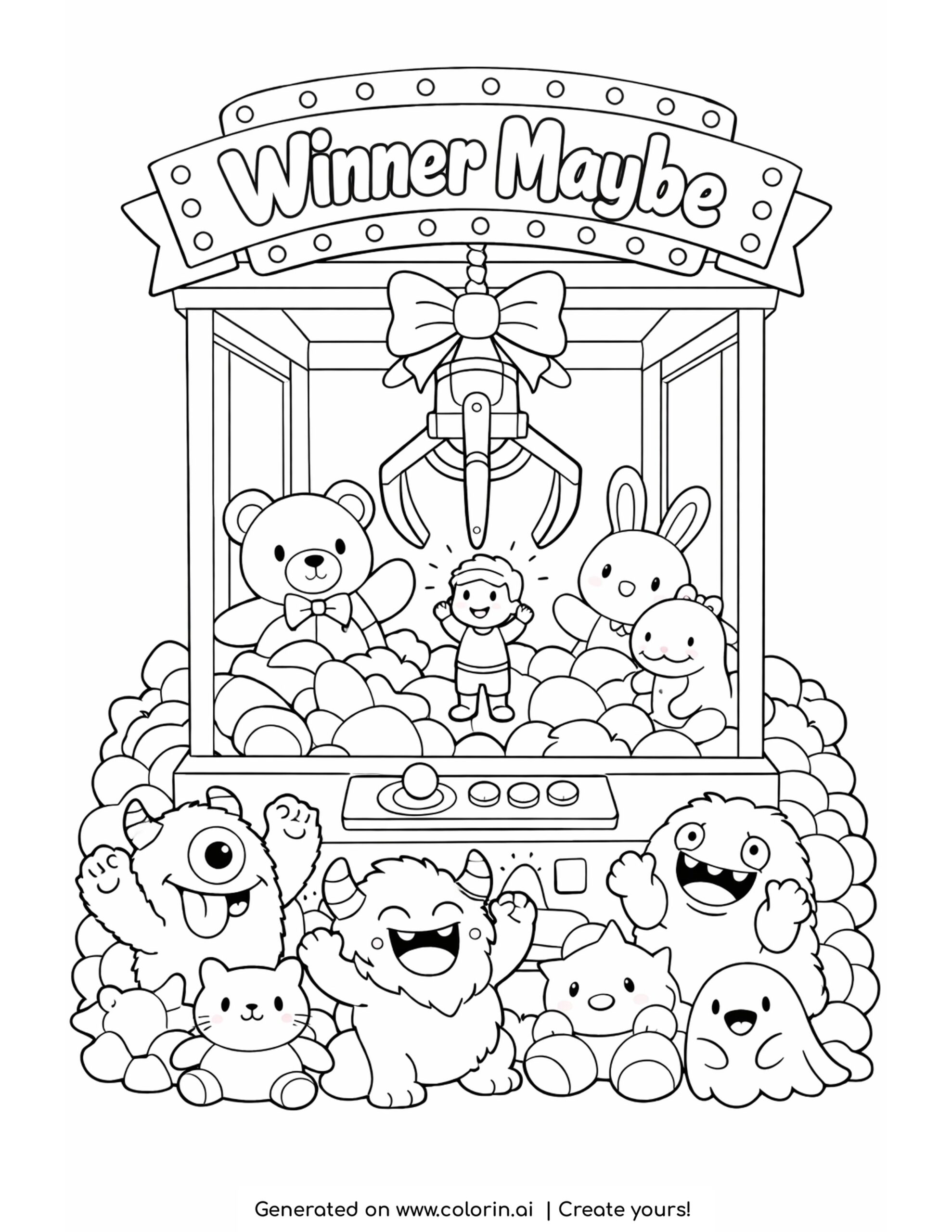funny arcade coloring pages, a claw machine packed with kawaii plushies under a Winner Maybe sign with cheering monsters in front