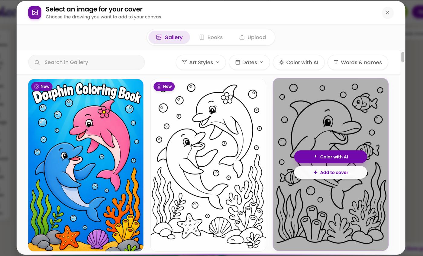 The Colorin AI gallery window with a new colored page titled Dolphin Coloring Book next to the original line art